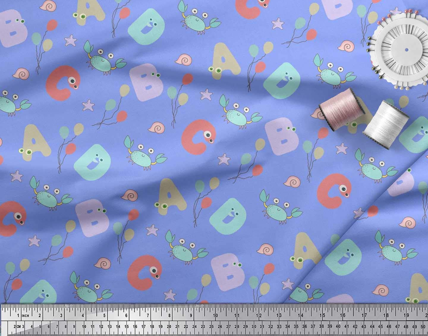 Soimoi 100% Cotton Cambric Fabric by The Yard - 56 Inch Wide Blue Crab Balloons Alphabet Print for Kids - Soft Educational Playful Fabric for DIY Crafts, Quilting, and Children's Room Decor