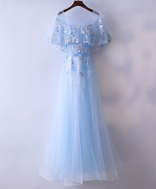 Elegant Light Blue Tulle Lace Long Prom Dress | Blue Lace Graduation Gown for Women | Perfect for Formal Dances, Graduation Ceremonies & Special Occasions