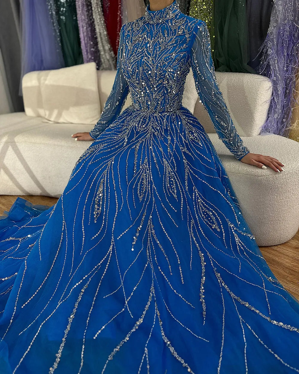 Elegant Blue Beaded A-Line Muslim Evening Dress for Women - Luxury Dubai Abaya Gown for Wedding, Party & Special Occasions | Serene Hill Collection 2025 LA72302A | Perfect for Formal Events, Evening Galas & Bridal Showers
