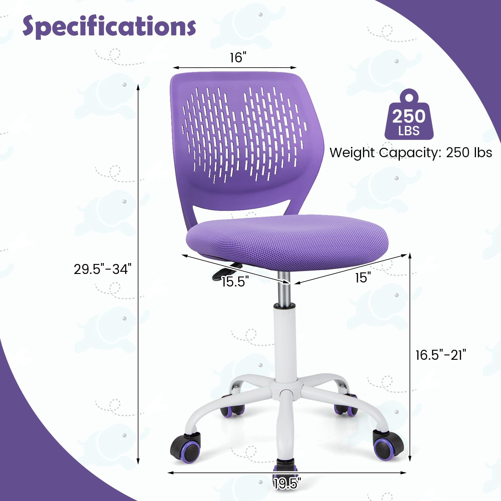 Powerstone Compact Rolling Desk Chair - Adjustable Mid-Back Swivel Office Chair with Wheels, Armless Computer Task Chair for Small Spaces (Purple) - Perfect for Home Office, Study Rooms & Compact Workspaces