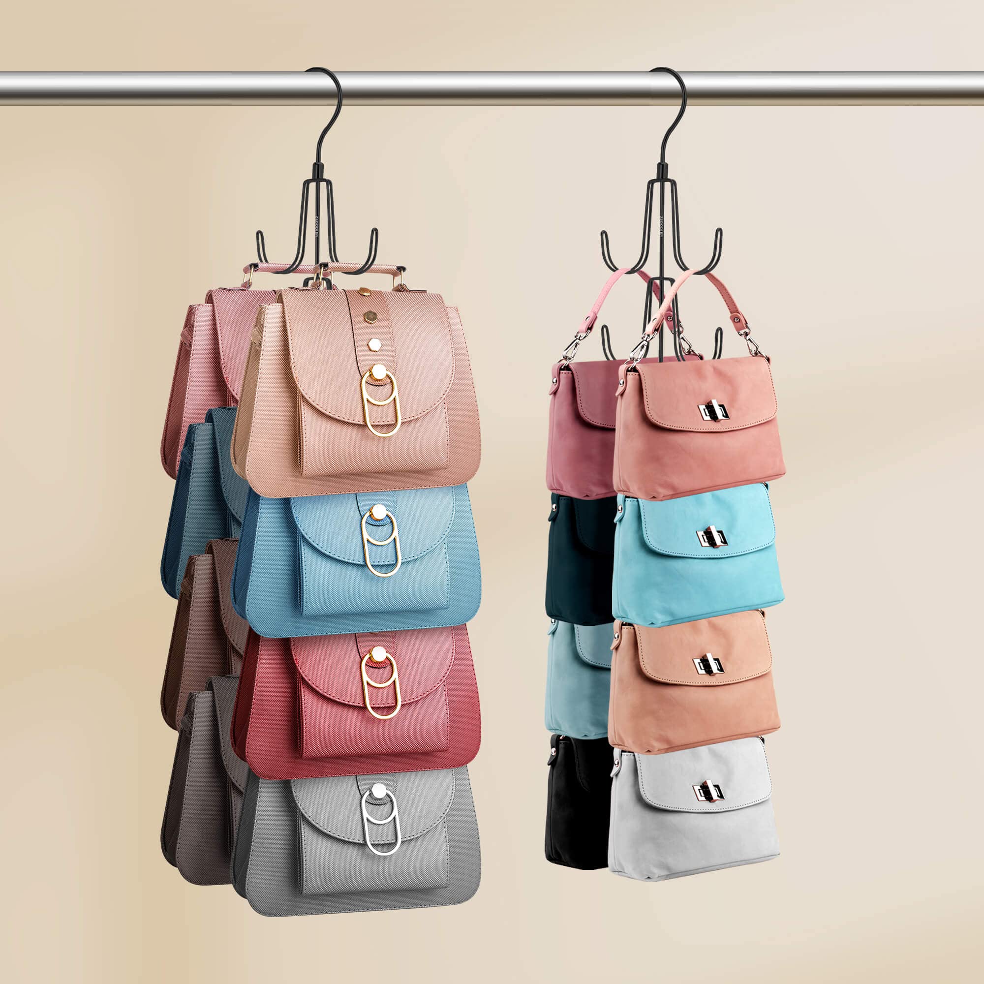 ZEDODIER 2-Pack Rotatable Purse Hanger Organizer - Metal Handbag & Backpack Storage Hook for Closet - Space Saving Bag Holder to Keep Purses Visible & Protected (Black) - Perfect for Bedroom, Walk-in Closet & Dorm Organization
