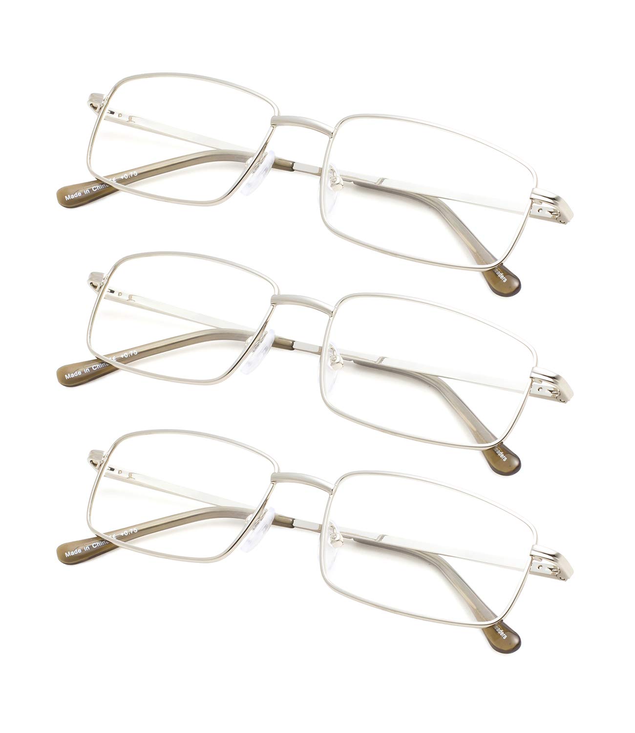 3-Pack Large Rectangular Reading Glasses with Spring Hinges for Men - Silver Frame Lightweight Readers for Reading, Computer Use & Daily Activities