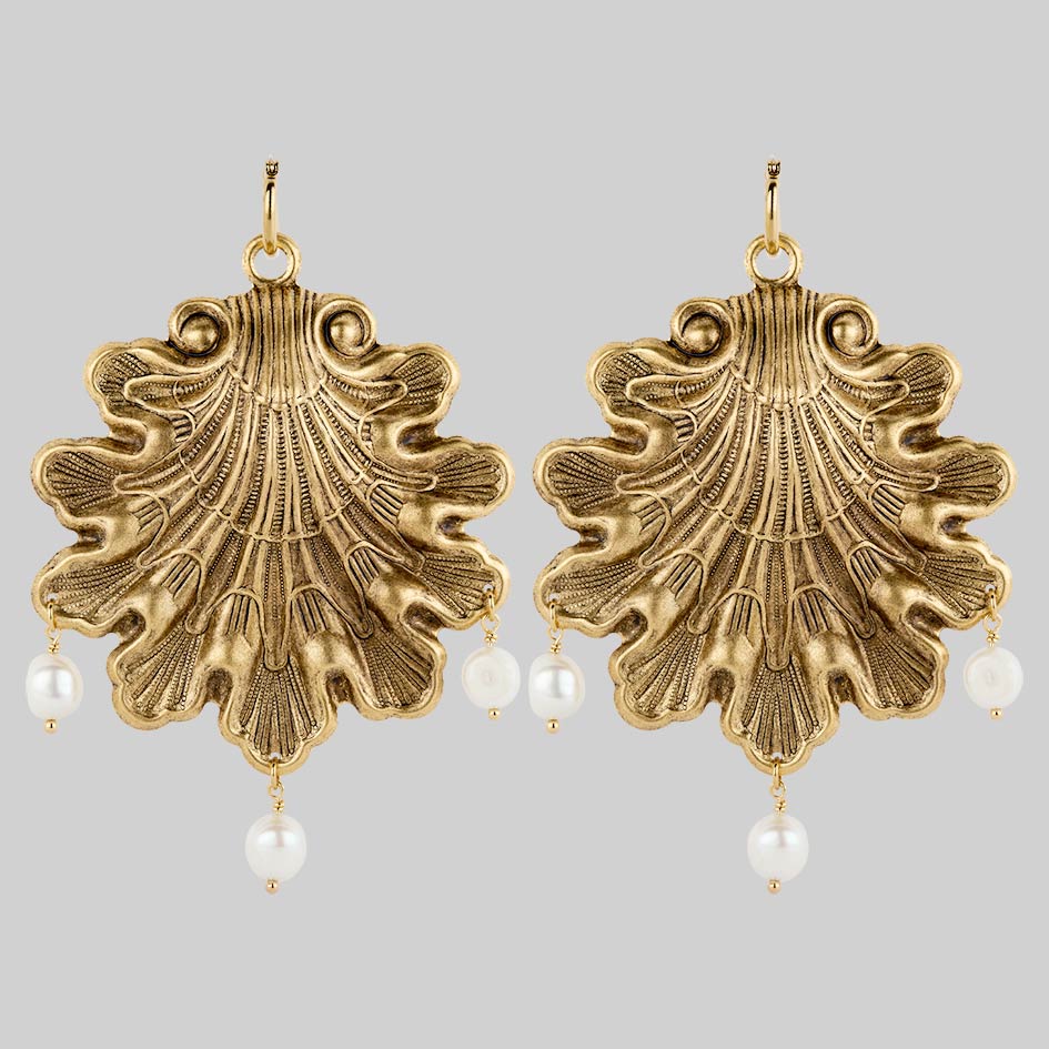 SYRENA Gold Seashell Pearl Hoop Earrings for Women - Elegant Beach Wedding Jewelry, Bridal Accessories, Summer Vacation Gift