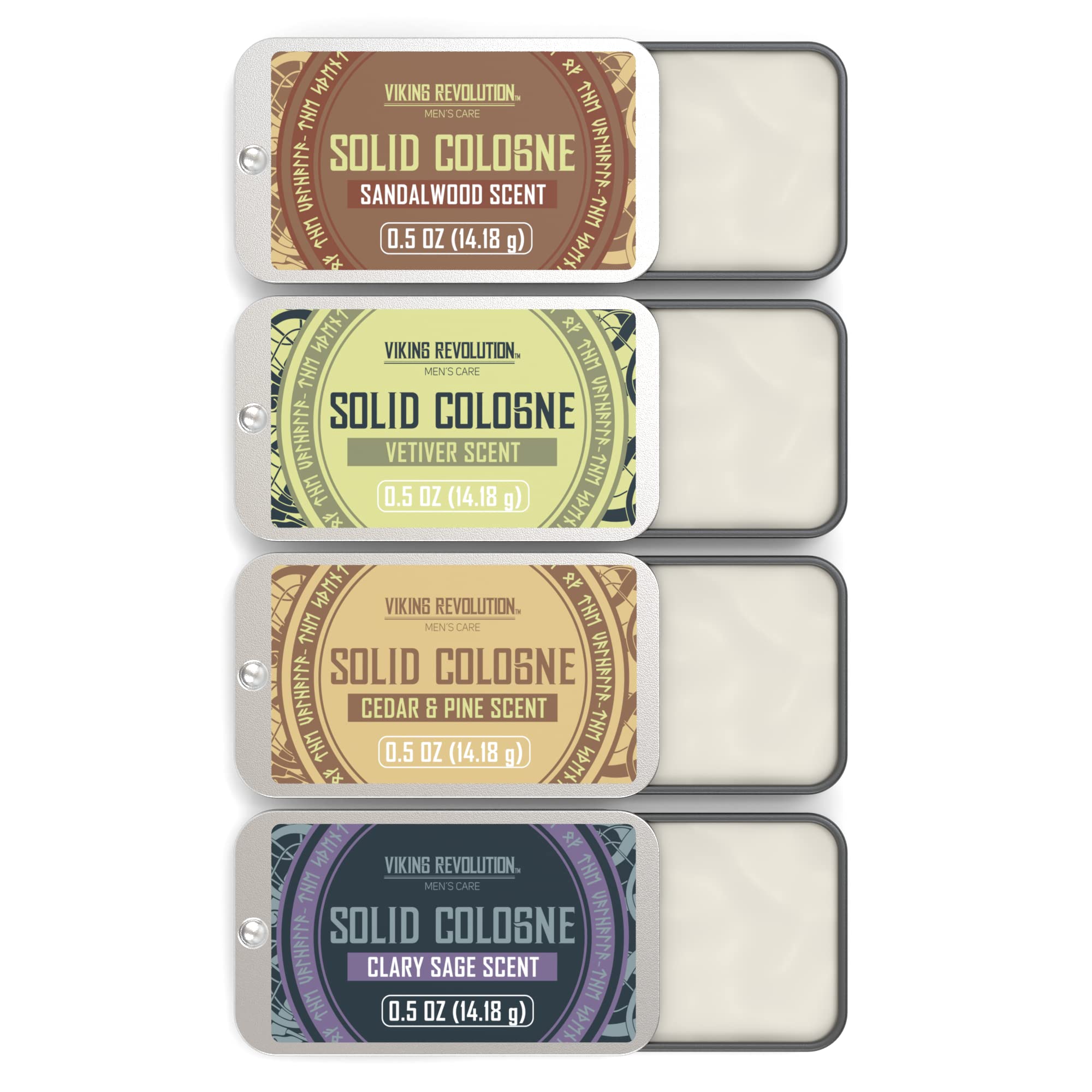 Viking Revolution 4 Pack Men's Solid Cologne Set - 0.5 Oz Cedar Wood, Clary Sage, Vetiver & Sandalwood Scented Perfume Balm | Travel-Friendly Cologne Wax for Everyday Use, Gifts & On-The-Go Freshness