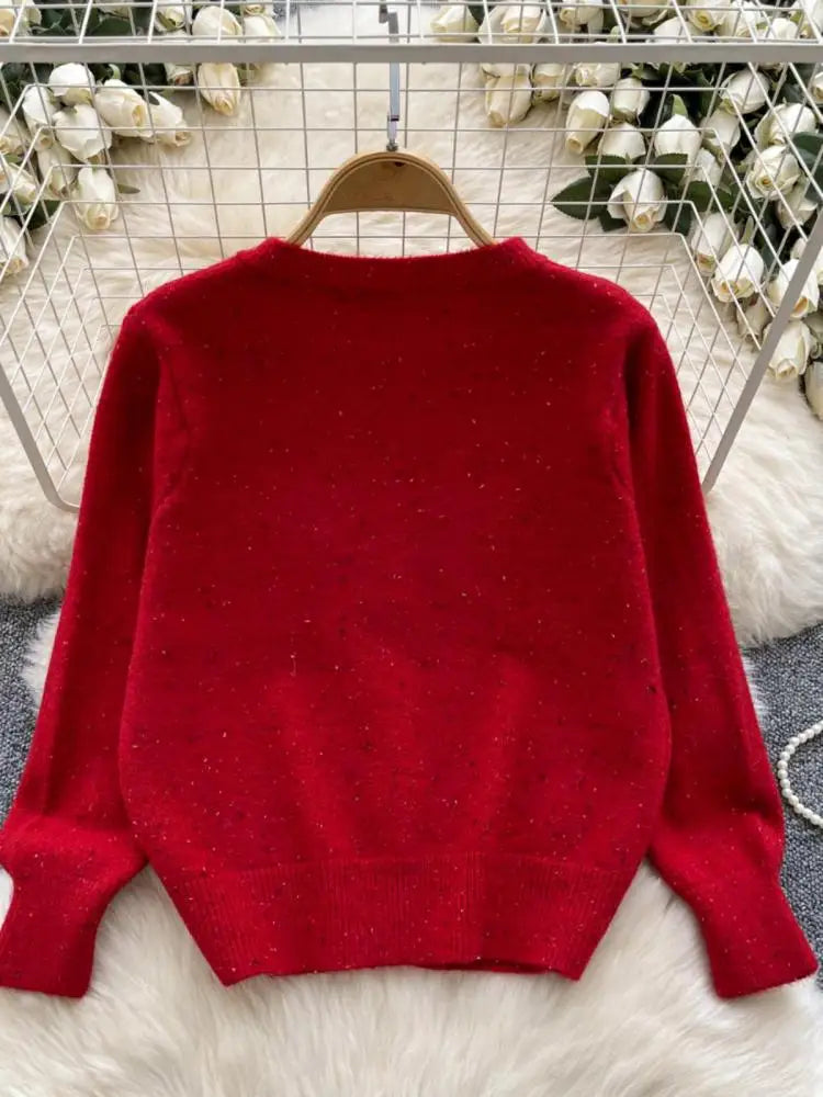 2024 Trendy Women's Vintage Red Pink Knit Sweater - Elegant Round Neck Long Sleeve Bow Detail Winter Top | Perfect for Office, Dating & Holiday Outfits