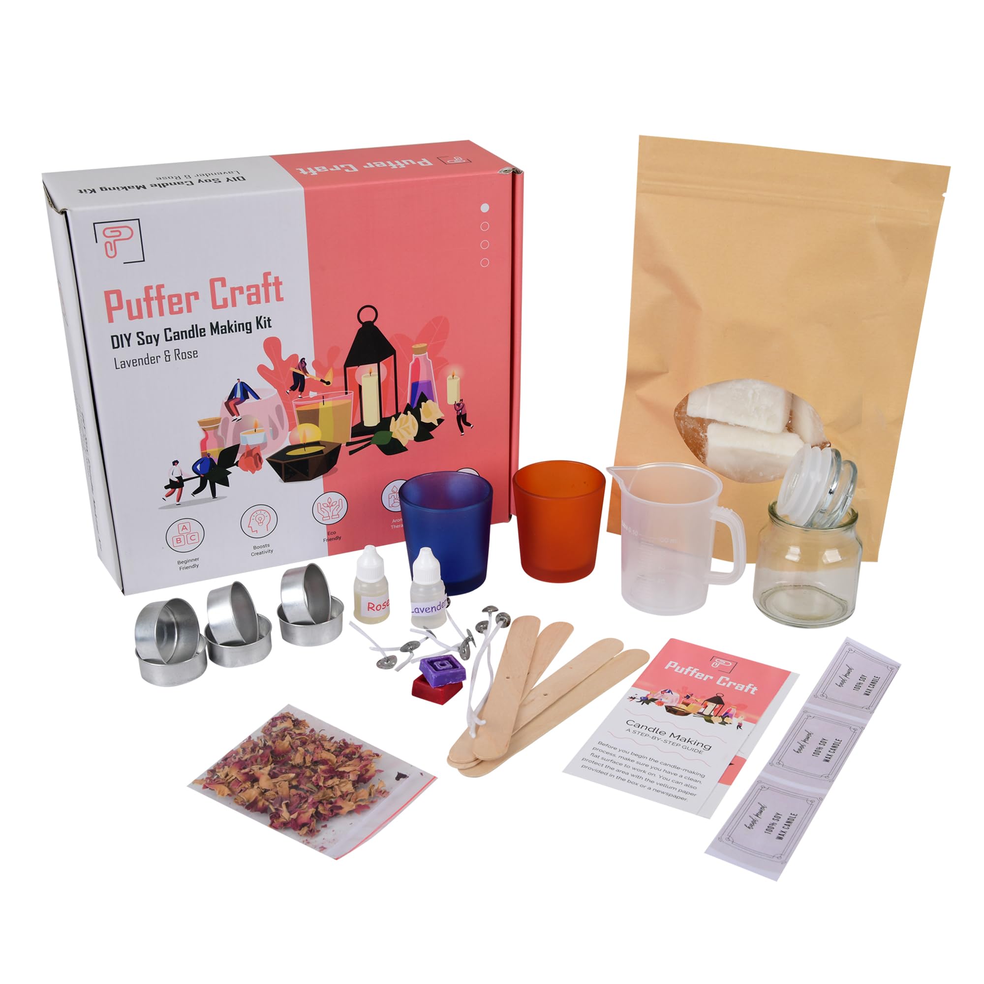 DIY Soy Candle Making Kit with Lavender & Rose Scents - Complete Puffer Craft Supplies for Home Decor, Gifts & Relaxation - Perfect for Aromatherapy, Spa Nights & Romantic Ambiance