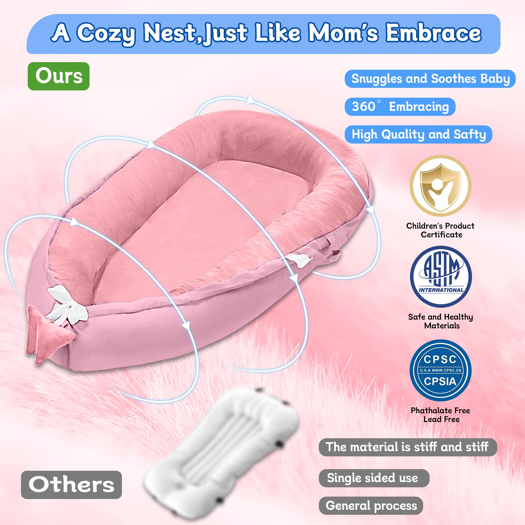 **Baby Lounger for Newborn 0-24 Months | Adjustable Portable Infant Lounger with Breathable 100% Cotton & Velvet Cover | Co-Sleeper for Bed | Perfect Baby Shower Gift & Nursery Essential | Ideal for Napping, Travel & Safe Co-Sleeping**
