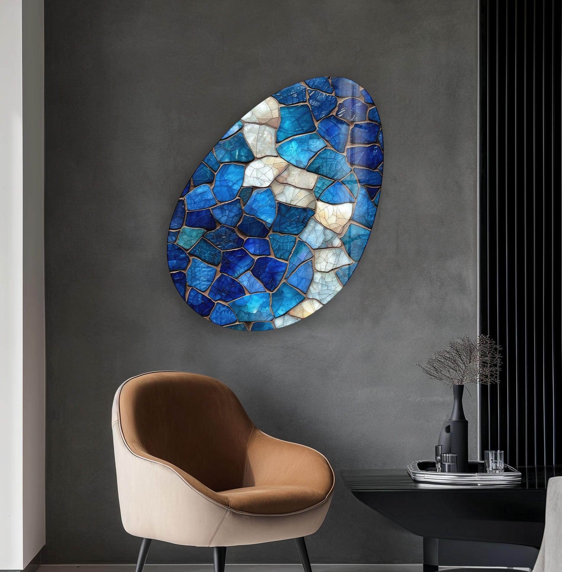 Blue Stained Decorative Oval Glass Wall Art - Handcrafted Modern Home Decor for Living Room, Bedroom & Office