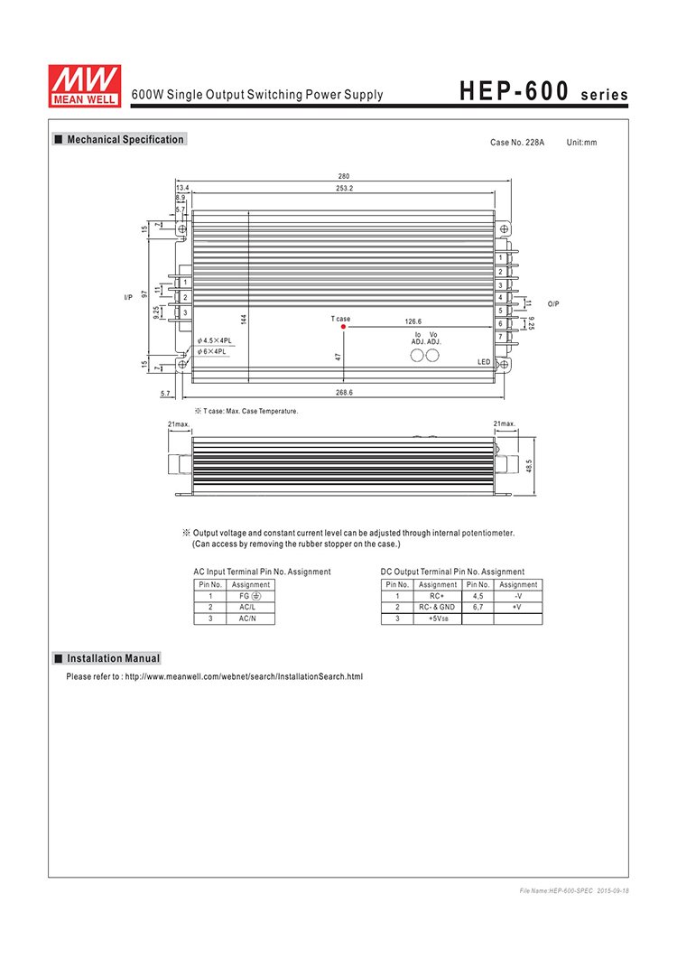 MEAN WELL HEP-600-54 600W Single Output Switching Power Supply - 54V 11.1A AC/DC Converter - Reliable Power Source for LED Displays, Industrial Equipment & Telecom Systems