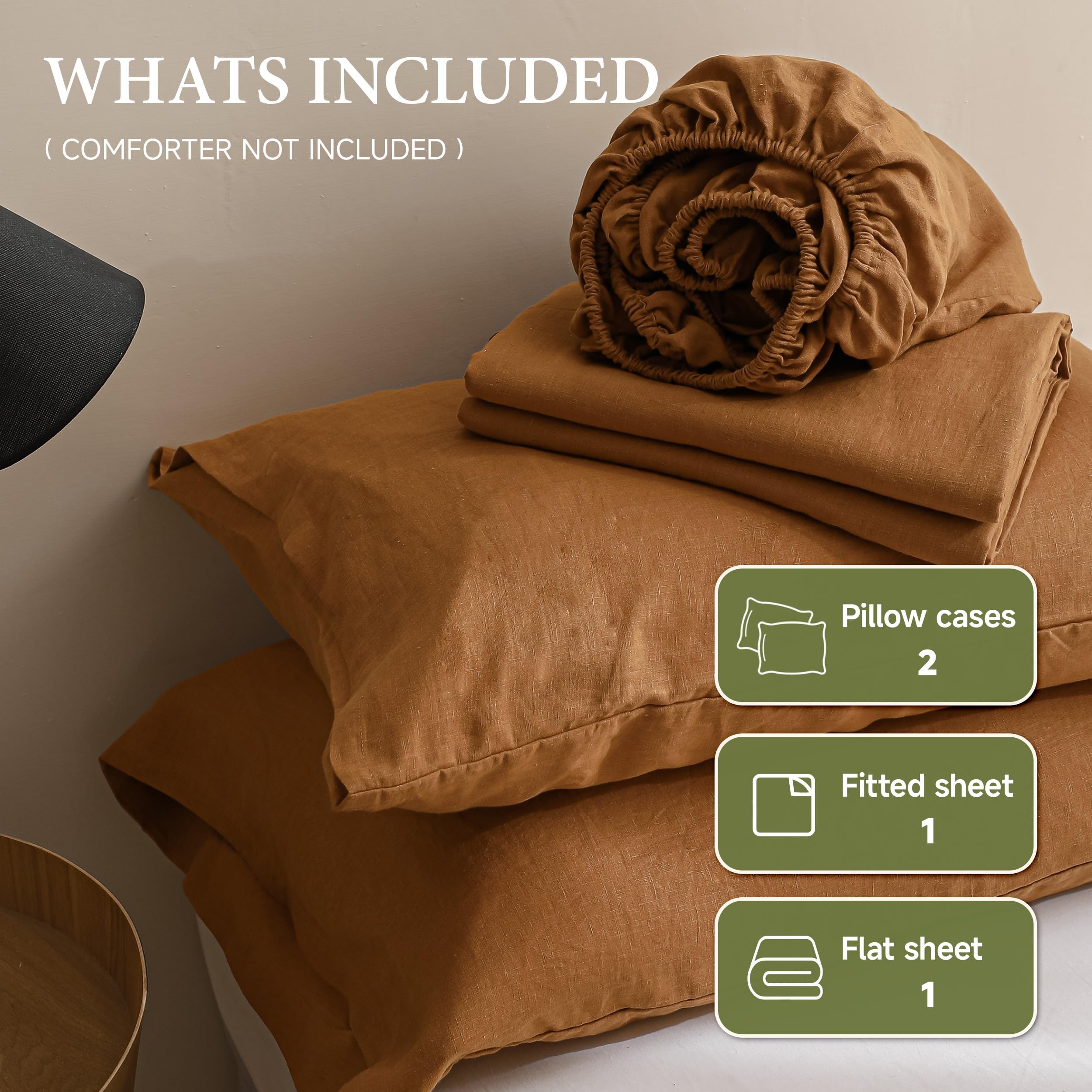 Premium 100% French Linen Sheet Set Queen Size - 4 Piece Natural Breathable Bedding | Soft & Durable All-Season Luxury Bed Sheets in Rust Color | Perfect for Hot Sleepers, Guest Rooms & Eco-Friendly Homes