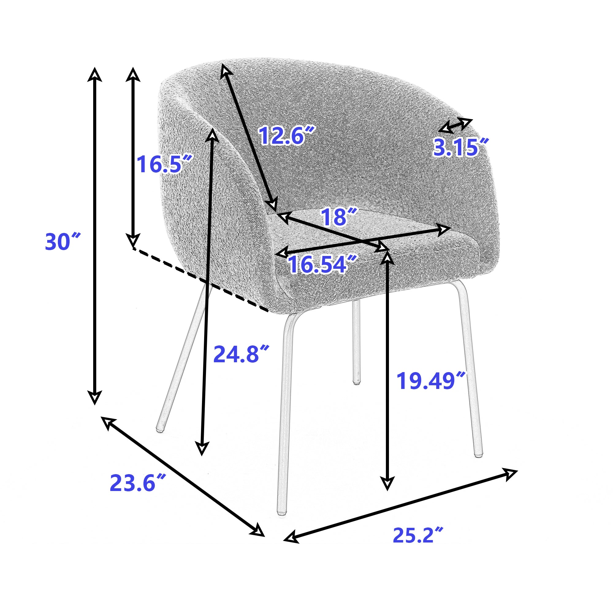 Boucle Fabric Dining Chair with Black Metal Legs - Set of 1 - Modern Upholstered Side Chair for Kitchen, Dining Room & Office