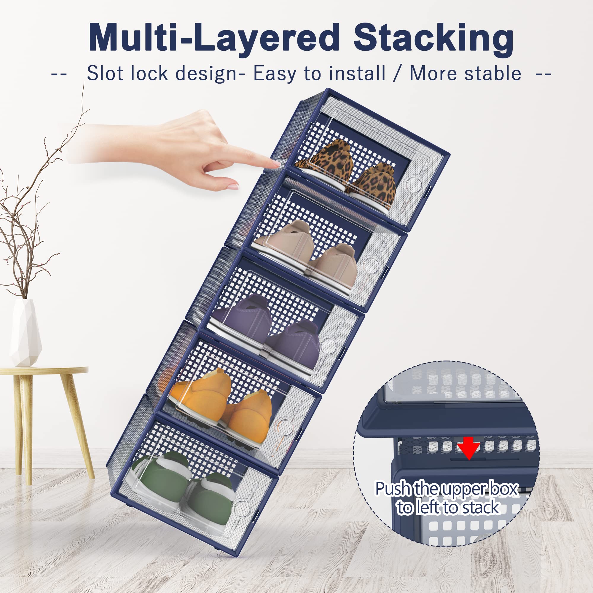 Kuject 12 Pack Clear Plastic Stackable Shoe Storage Boxes with Lids - Under Bed Shoe Organizers for Closet, Entryway & Bedroom - Drop Front Design Fits Women's Size 10 Shoes (Blue) - Perfect for Small Space Organization & Shoe Collection Display