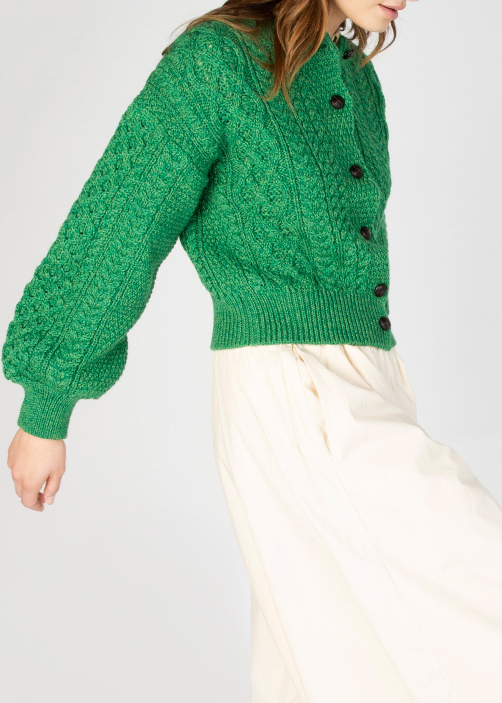 Ireland's Eye Women's Cropped Aran Knit Cardigan - Soft Wool Sweater for Fall & Winter | Cozy Green Pullover for Casual Outfits, Office Wear & Coffee Dates