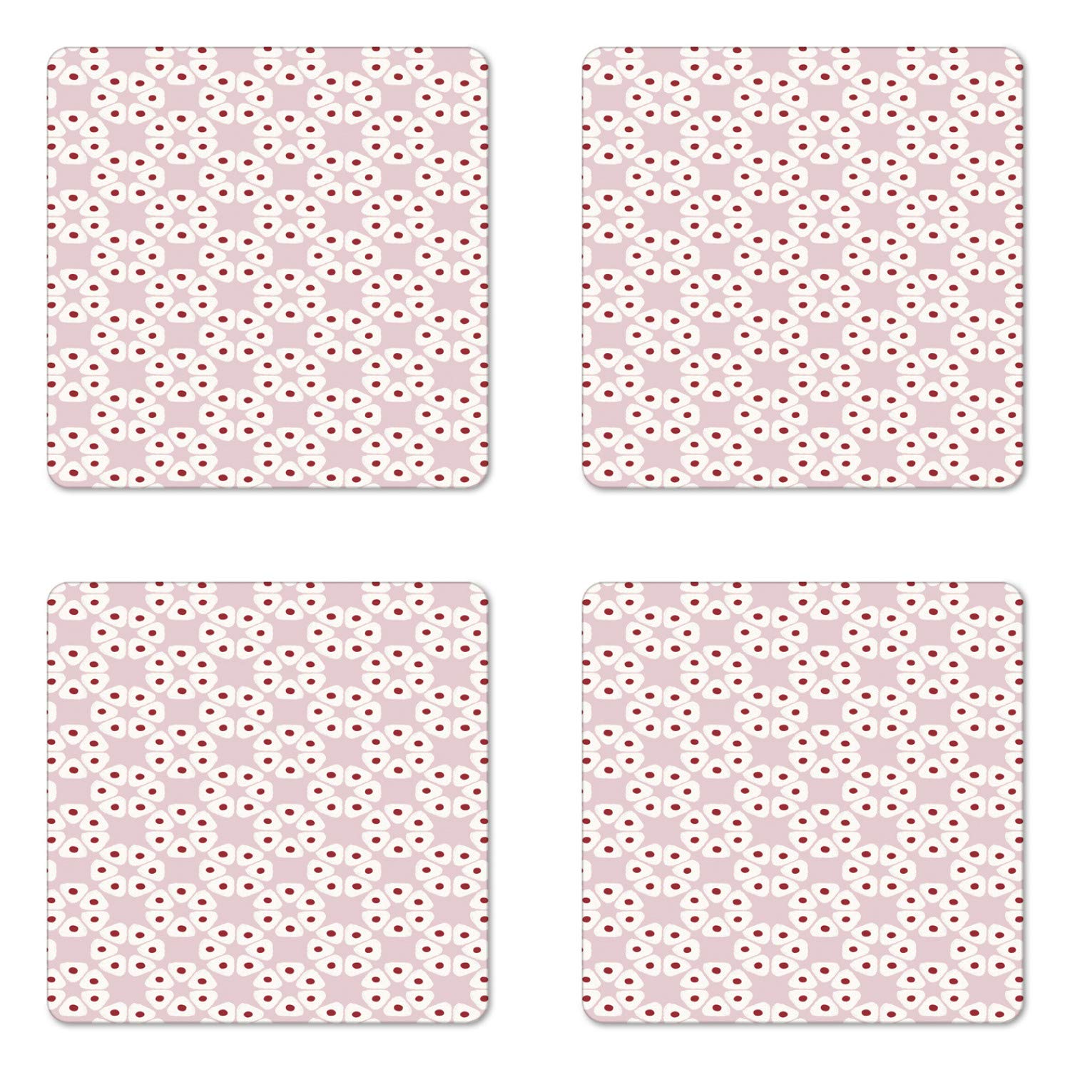 Ambesonne Japanese Coaster Set of 4 - Abstract Plum Rice Ball Cartoon Design, Square Hardboard Gloss Coasters, Standard Size, Pale Maroon & Rose - Perfect for Sushi Nights, Anime Parties & Japanese-Themed Decor