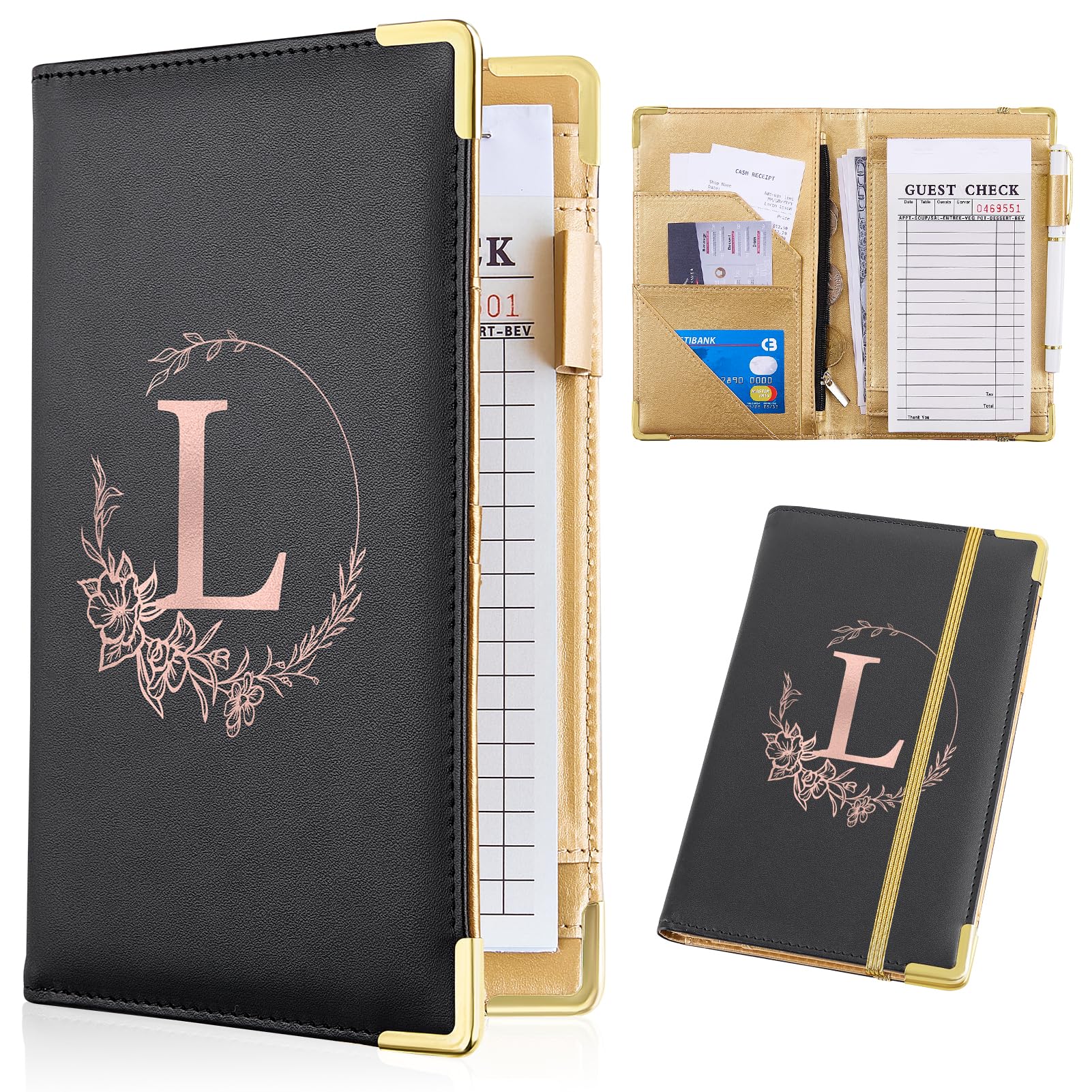 Professional Black PU Leather Server Book for Waitresses - Alphabet Waitress Book with Zipper Pocket, Cute Waiter Notebook for Restaurant Staff (Fits Server Apron, Perfect for Order Taking & Tip Tracking)