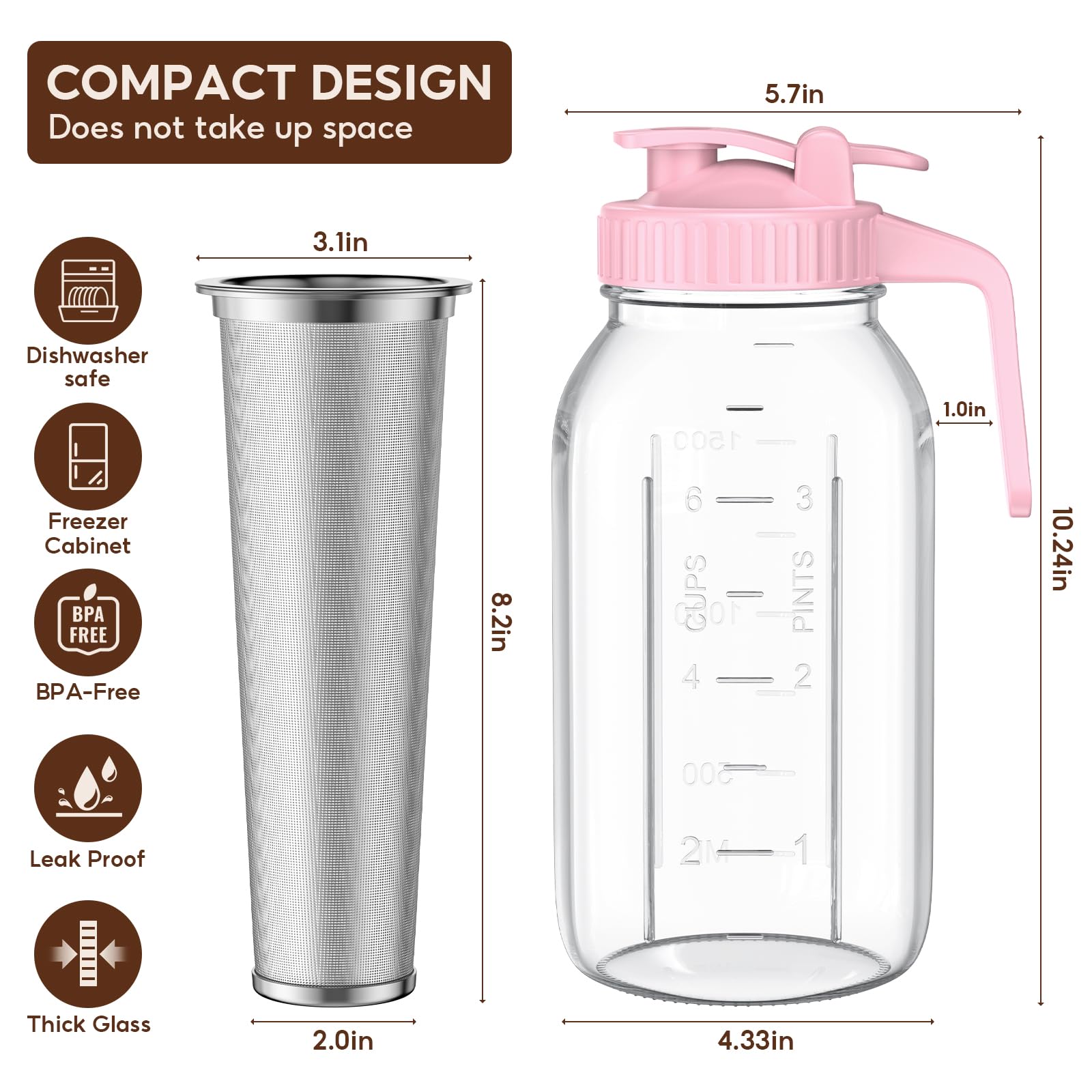 Premium Cold Brew Coffee Maker Set - 2 Pack 64oz Glass Jars with Stainless Steel Filter & Handle | Leak-Proof Iced Tea & Sun Tea Pitcher | Perfect for Home, Office & Outdoor Use