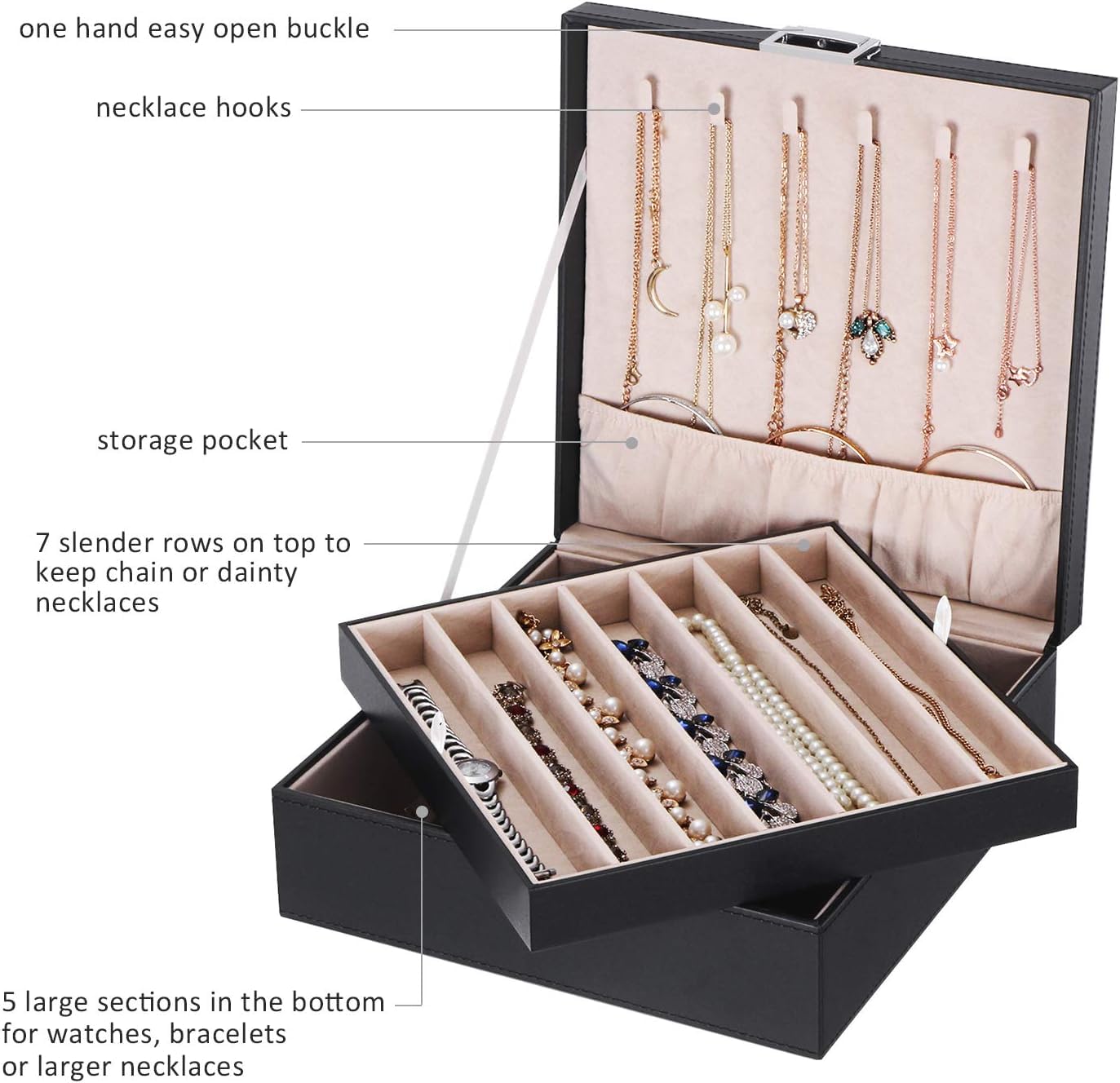 BEWISHOME Jewelry Organizer Box for Necklaces, Bracelets & Chains - 12 Compartments (7 Regular + 5 Large), 6 Hooks, 2-Layer Storage - Perfect Jewelry Box for Women & Girls - Black SSH31B | Great for Travel, Bedroom Vanity & Gift Giving