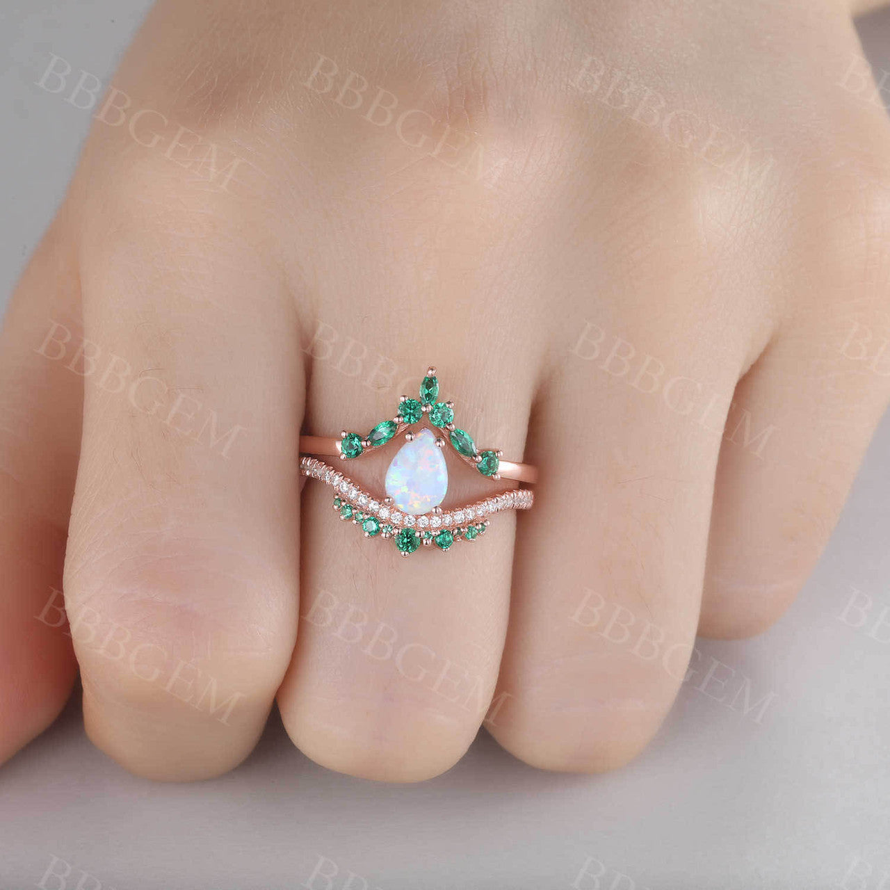 14K Rose Gold Opal Emerald Engagement Ring Set - Unique Stacking Band for Women, Perfect for Anniversaries, Weddings & Special Occasions