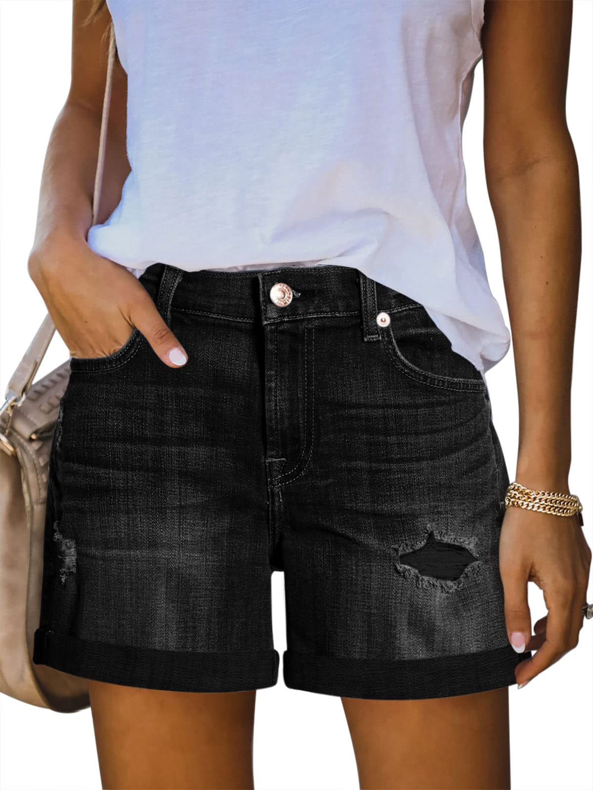 PINKMARCO Women's High Waisted Ripped Denim Jean Shorts - Casual Summer Folded Hem Distressed Shorts with Pockets | Perfect for Beach, Music Festivals & Street Style