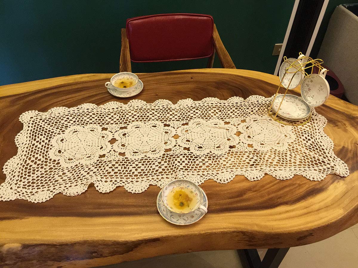 Handmade Beige Crochet Cotton Table Runner - 16x35 Inches Lace Doily Rectangular Dresser Scarf for Dining Table, Coffee Table & Home Decor