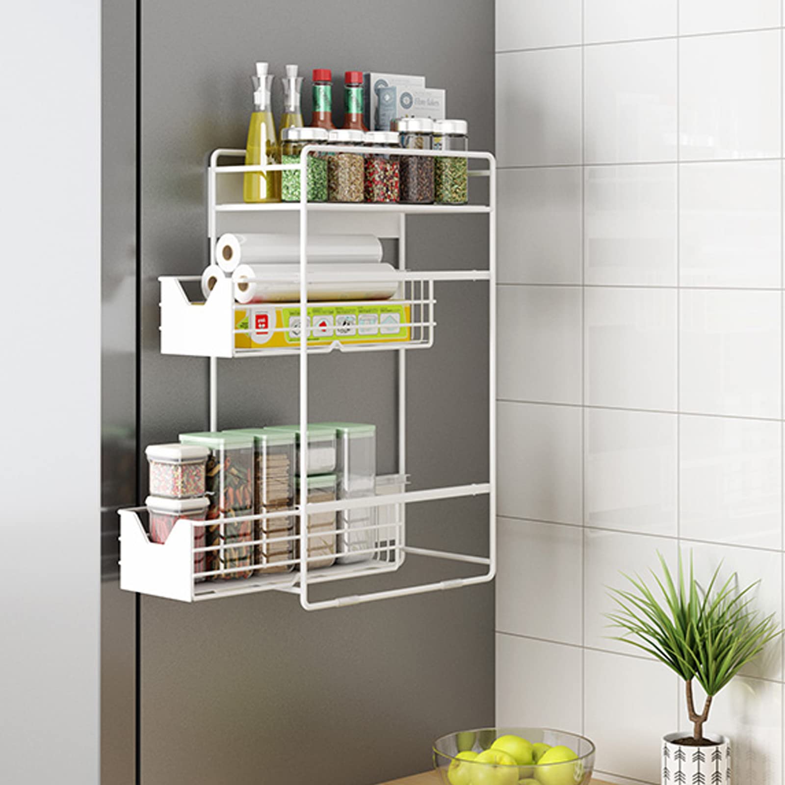 Magnetic Spice Rack for Refrigerator - 2 Tier Foldable Fridge Organizer, Multi-Functional Storage Shelf & Spice Holder with Turntable - Perfect for Kitchen, Pantry & Small Space Organization