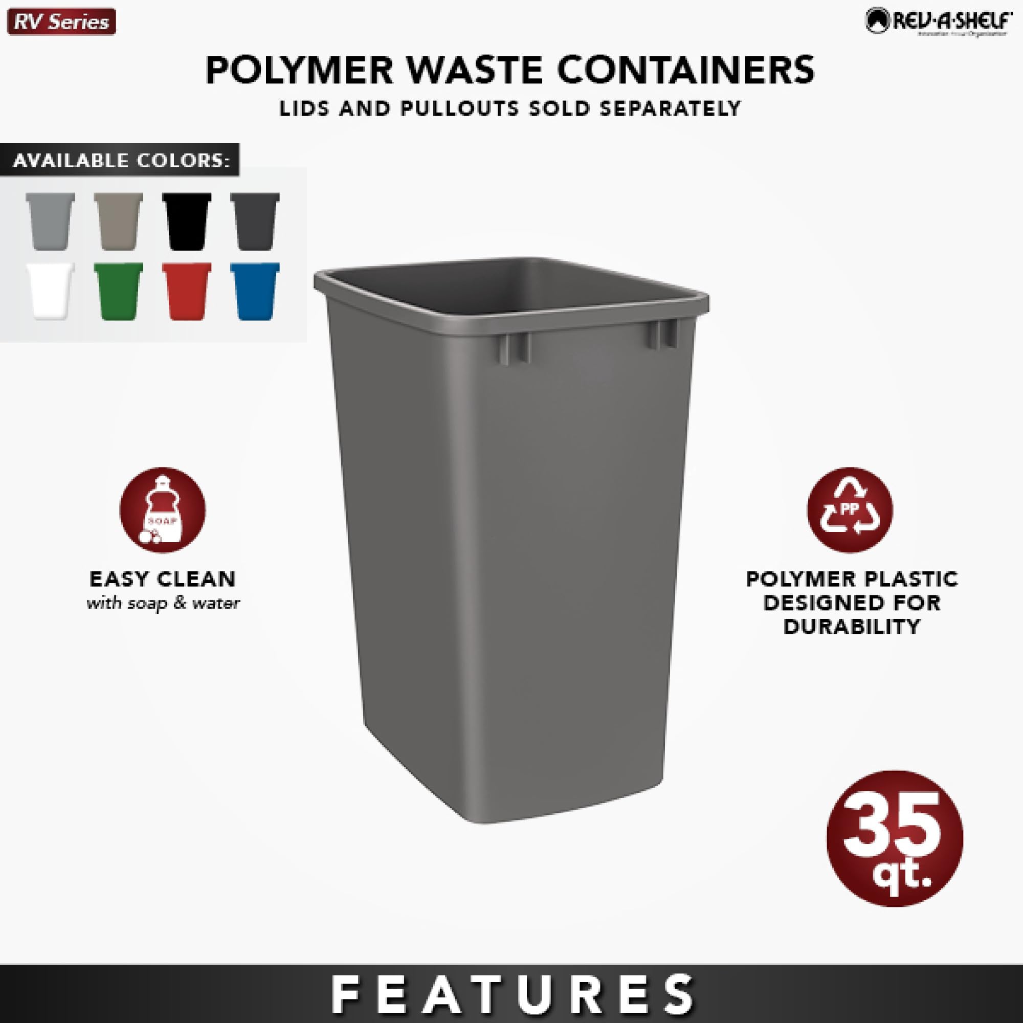 Rev-A-Shelf 35 Quart Replacement Container (Orion Gray) - Standard Size Pull-Out Trash Can for Kitchen Cabinets - Perfect for Waste Management & Recycling Organization in Home Kitchens