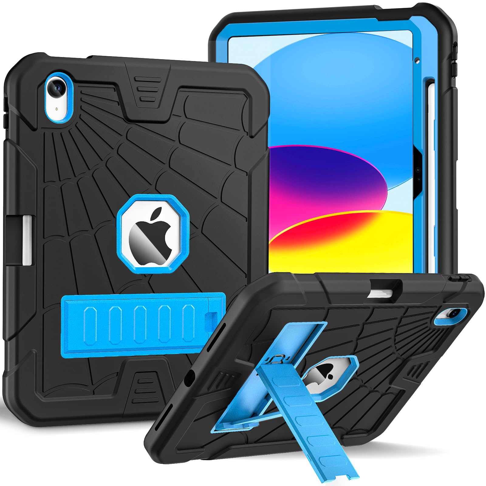 Sibeitu Rugged Shockproof Case for iPad 10th Generation (2025/A16) 10.9 Inch - Hard Protective Cover with Pencil Holder & Built-in Stand | Durable iPad 10 Case for Kids, Students & Professionals | Perfect for School, Work & Travel (Black+Blue)