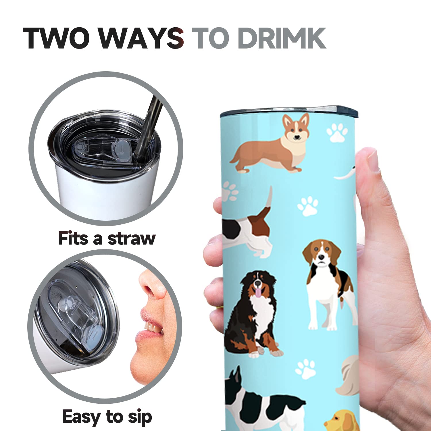 20oz Stainless Steel Dog Tumbler with Lid & Straw - Paw Print Design Travel Mug for Coffee & Tea - Perfect Gift for Dog Lovers & Women (Ideal for Travel, Office, Hiking & Outdoor Adventures)