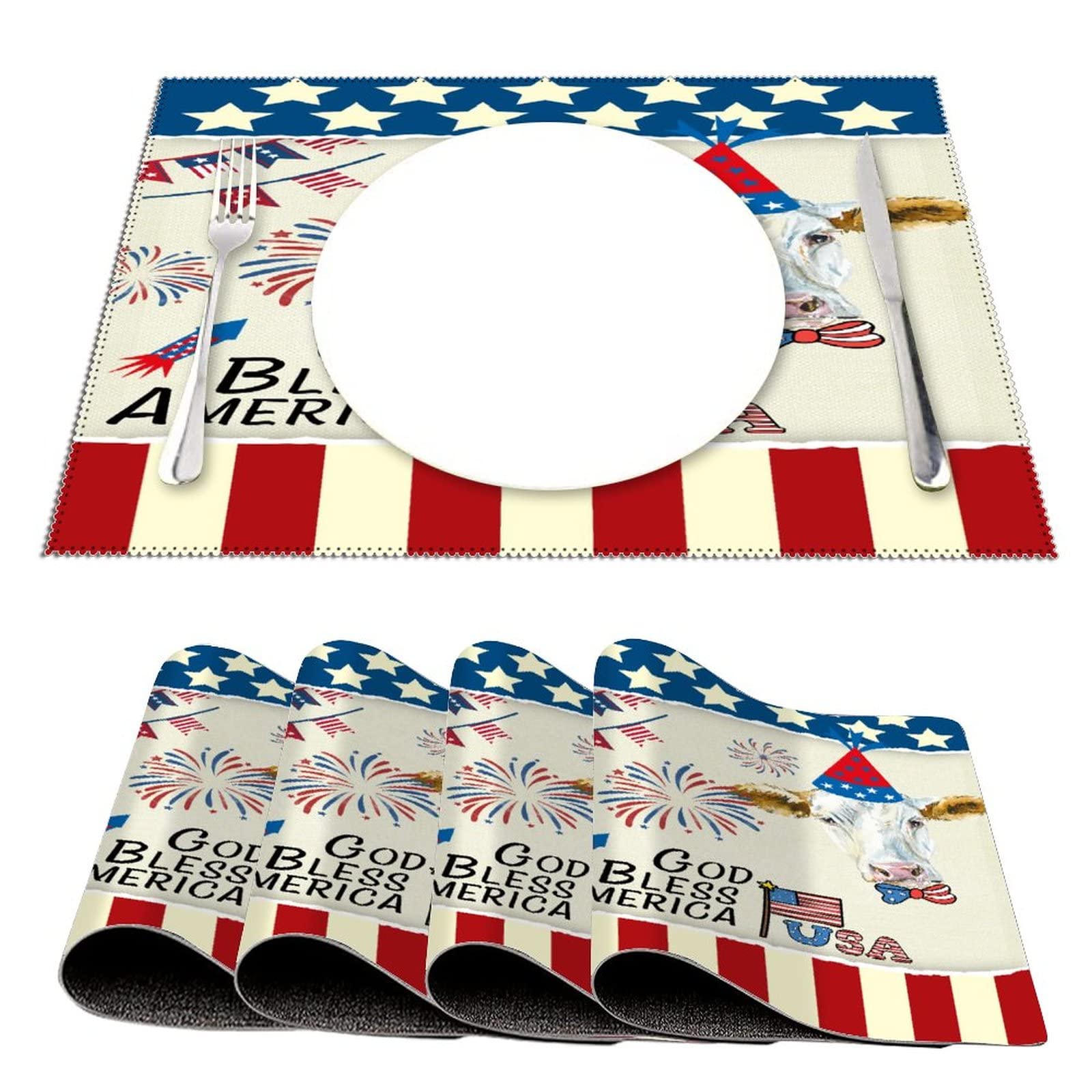 God Bless America Cow Farmhouse Placemats Set of 4 - Stain-Proof, Non-Slip & Heat Resistant - Patriotic American Flag Retro Table Decor for Dining, Kitchen & Banquet - Perfect for Memorial Day, 4th of July & Everyday Use