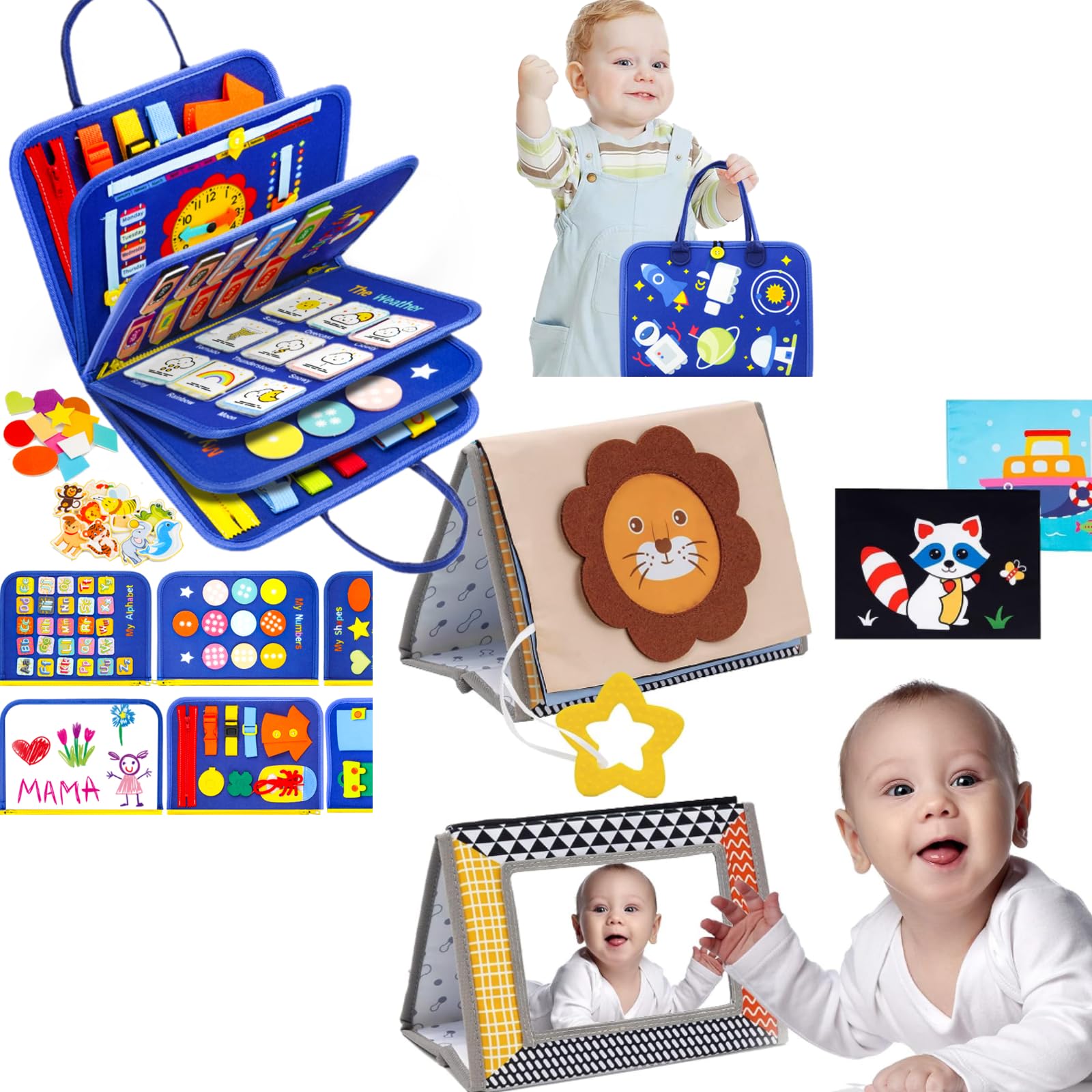 Montessori Busy Board for Toddlers 1-4 Years Old - Sensory Toys with Tummy Time Mirror, Crinkle Book & Teethers | Educational Birthday Gift for Boys & Girls | Perfect for Brain Development, Travel, and Playtime Activities