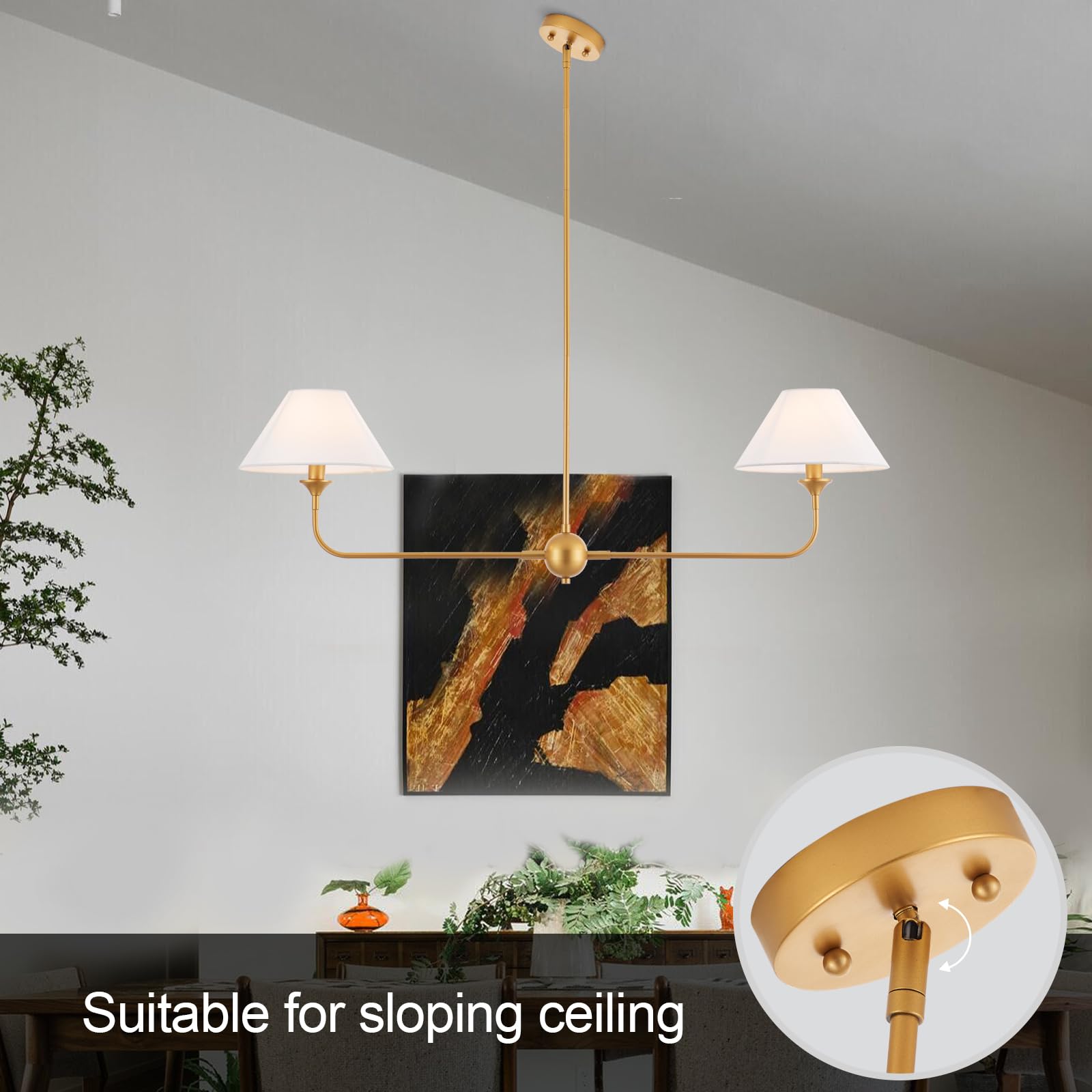 Modern Gold Linear Chandelier with Off-White Fabric Shade - Rustic Pendant Lighting for Dining Room & Kitchen Island - Perfect for Farmhouse, Industrial & Contemporary Home Decor