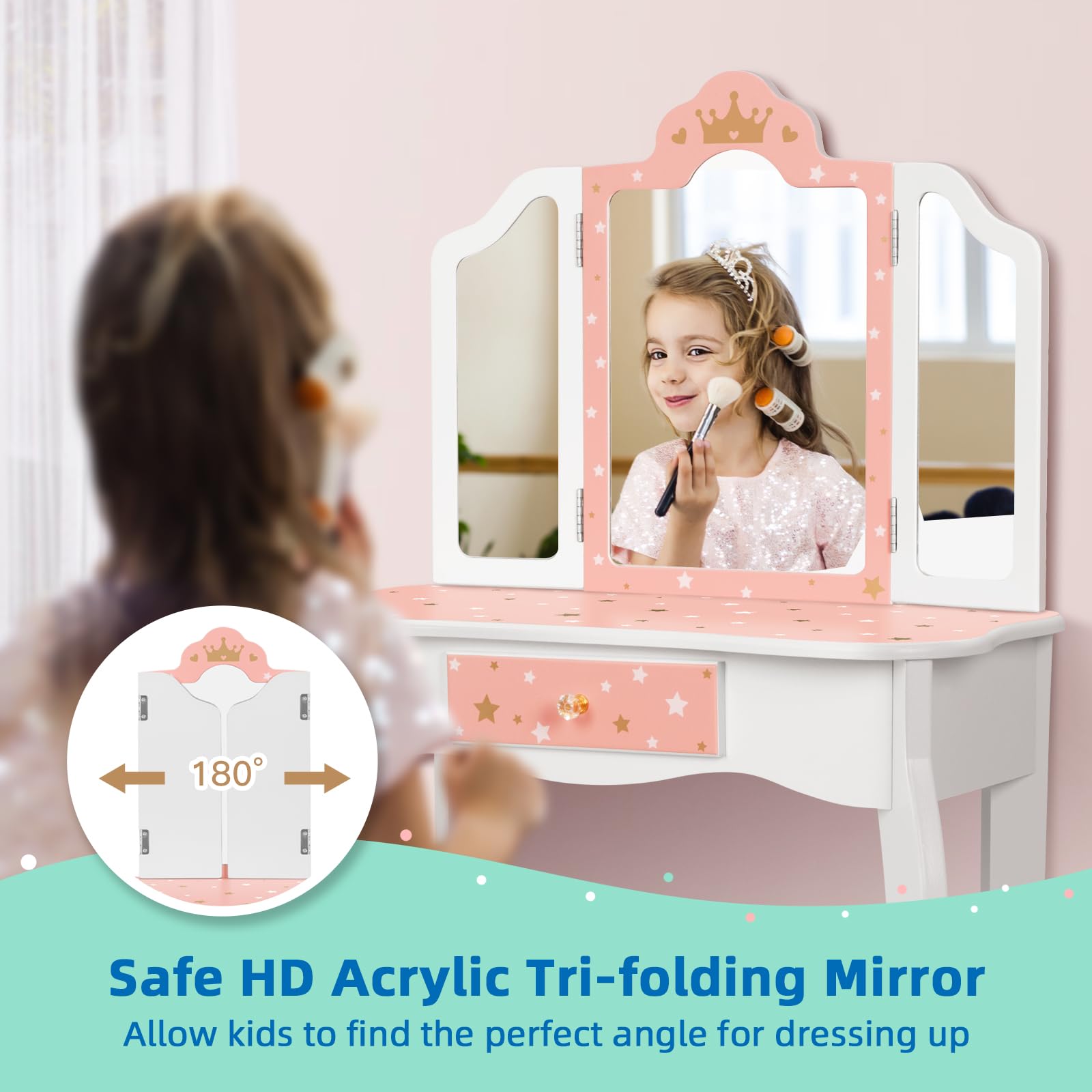 Kids Vanity Set with Mirror & Stool - Wooden Pretend Makeup Dressing Table for Girls, Perfect Gift for Little Princess | Playroom Decor, Birthday Present & Pretend Play Accessory