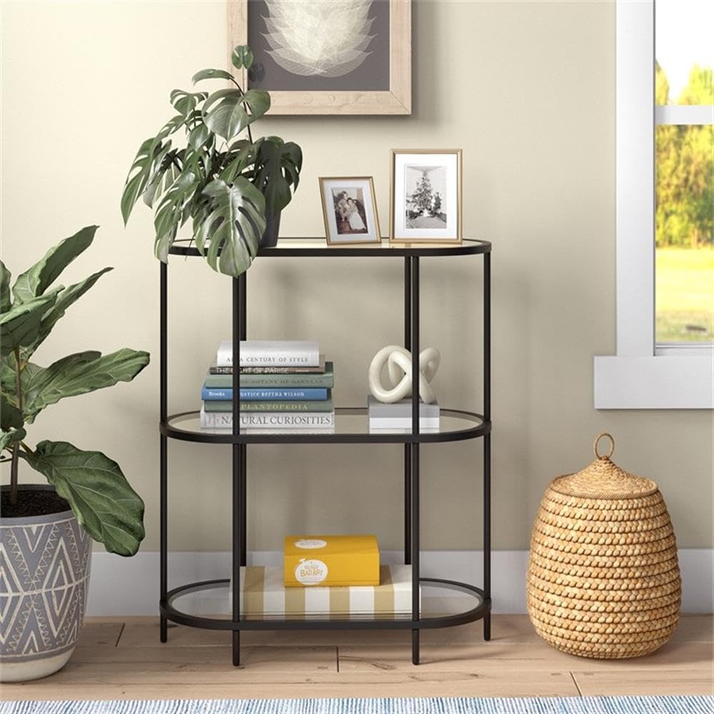 Vintage Mid-Century Modern Metal Bookcase with 5 Glass Shelves - Black Bronze Finish for Living Room, Office & Library Storage