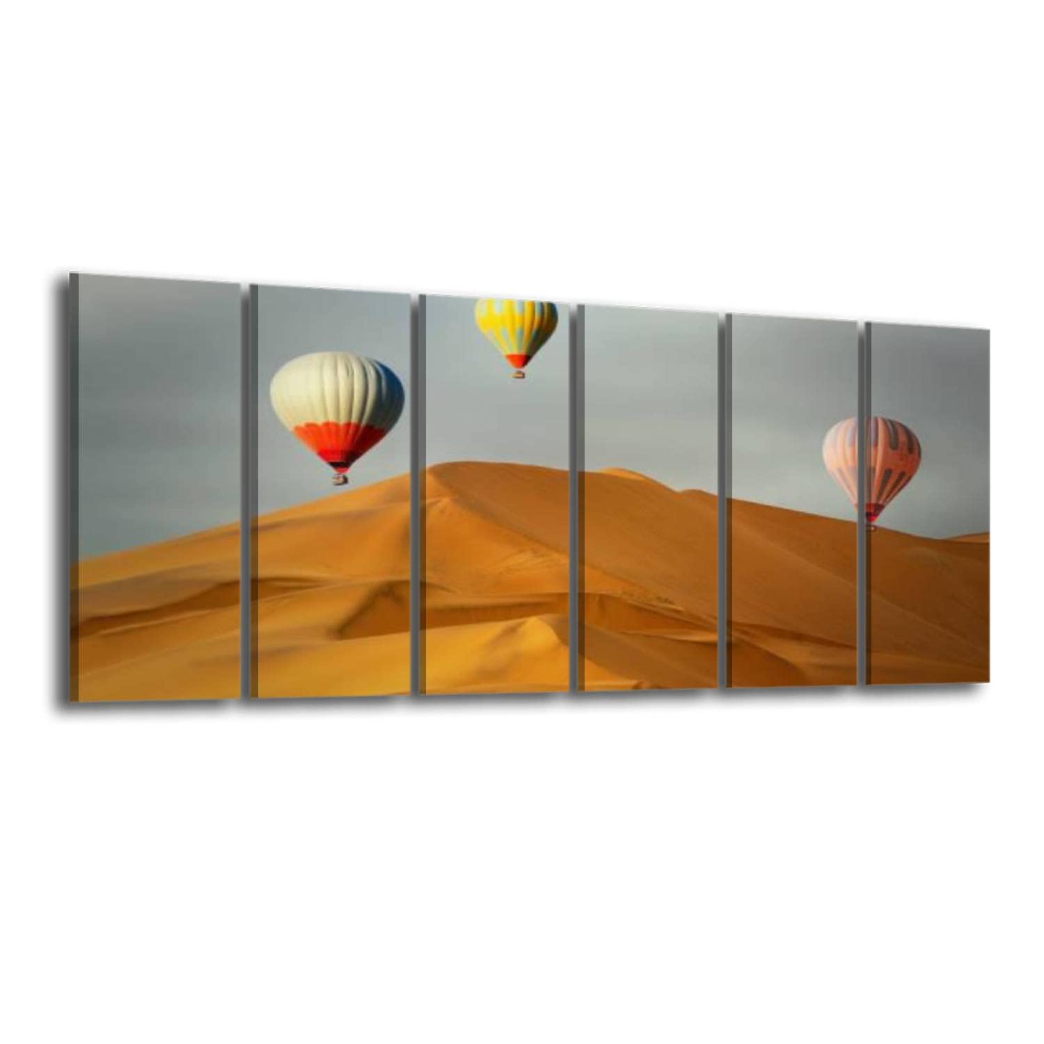 6-Panel Sunset Hot Air Balloons Over Sand Dunes Wall Art - Framed Canvas Print Modern Home Decor for Living Room | Large Size Ready to Hang Painting | Perfect for Bohemian & Desert-Themed Interiors