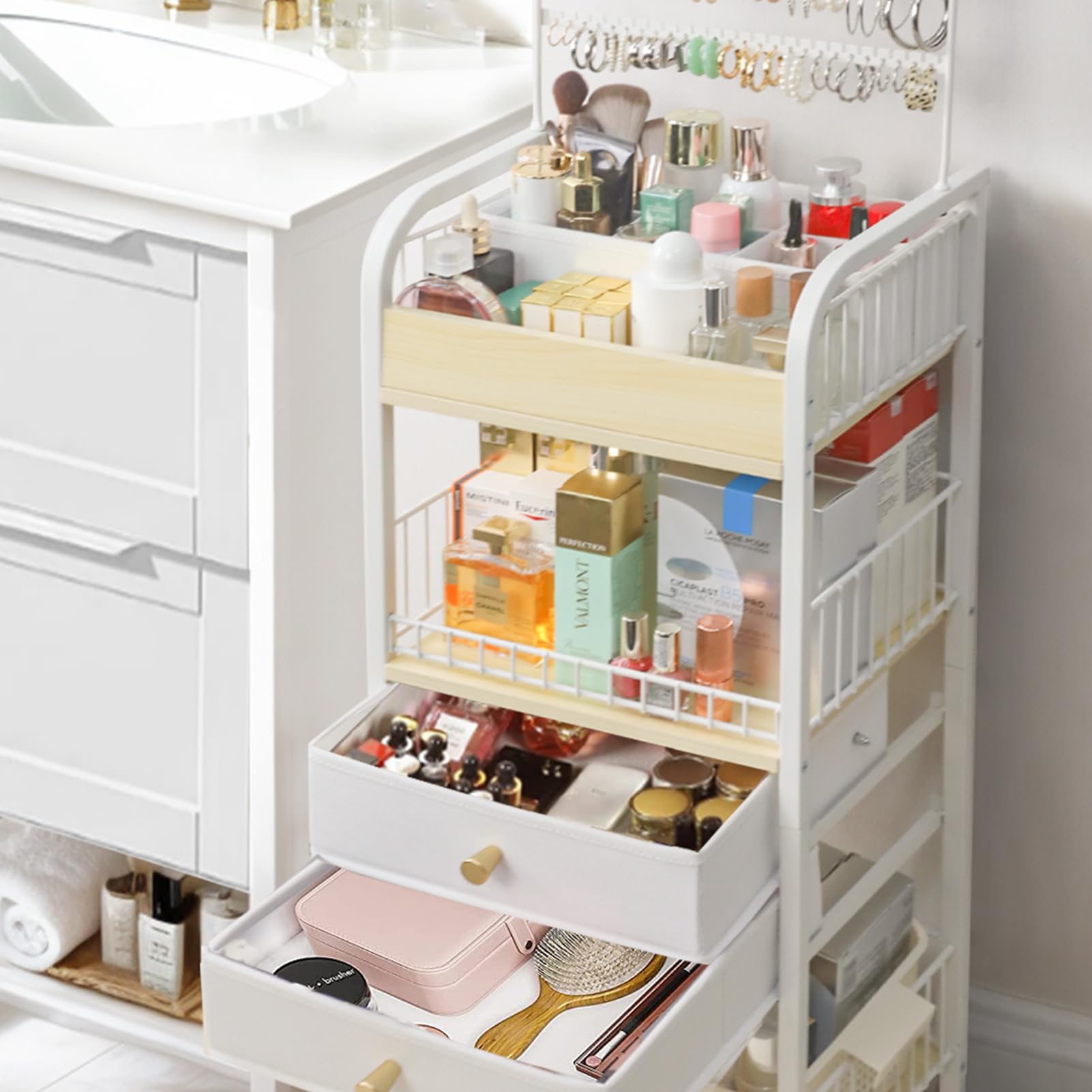 YGJT 3-Tier Makeup Organizer with Drawers - Skincare & Cosmetics Storage for Perfume, Makeup Brushes, Nail Polish - Jewelry Organizer for Earrings & Necklaces - Perfect for Vanity Table, Bathroom & Bedroom Organization