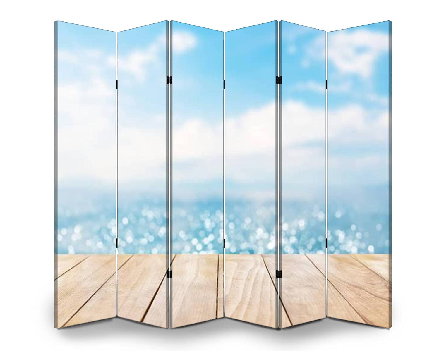 6-Panel Wooden Room Divider Privacy Screen - Folding Partition for Indoor/Outdoor Use - Beach Themed Blue Sea & White Sand Design - Perfect for Home Office, Bedroom Separation, and Event Spaces