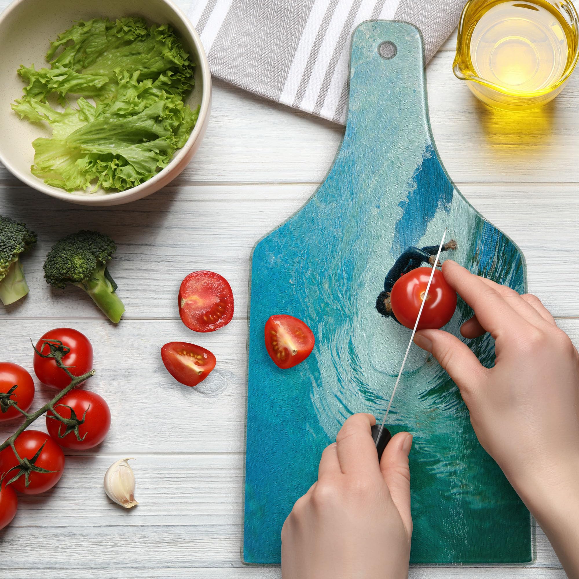 Ambesonne Ride The Wave Tempered Glass Cutting Board - Ocean Wave Surfer Adventure Design - Sky Blue & White Wine Bottle Shaped Serving Board for Kitchen & Entertaining - Perfect for Beach House Decor, Party Serving & Gift Giving