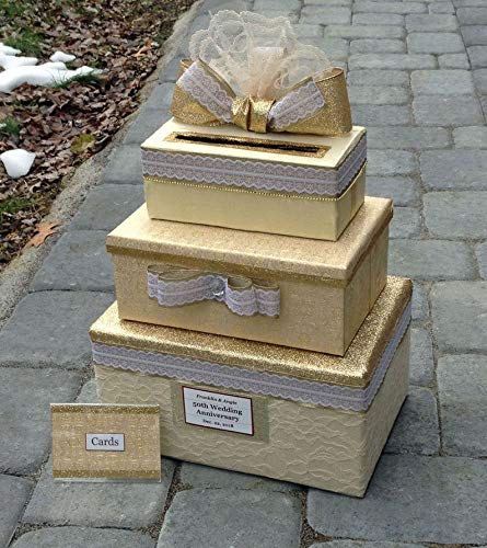 50th Anniversary Card Box - 3 Tier Gold Keepsake with Card Slots, Personalized & Handmade - Perfect for Golden Jubilee Celebrations & Gift Giving