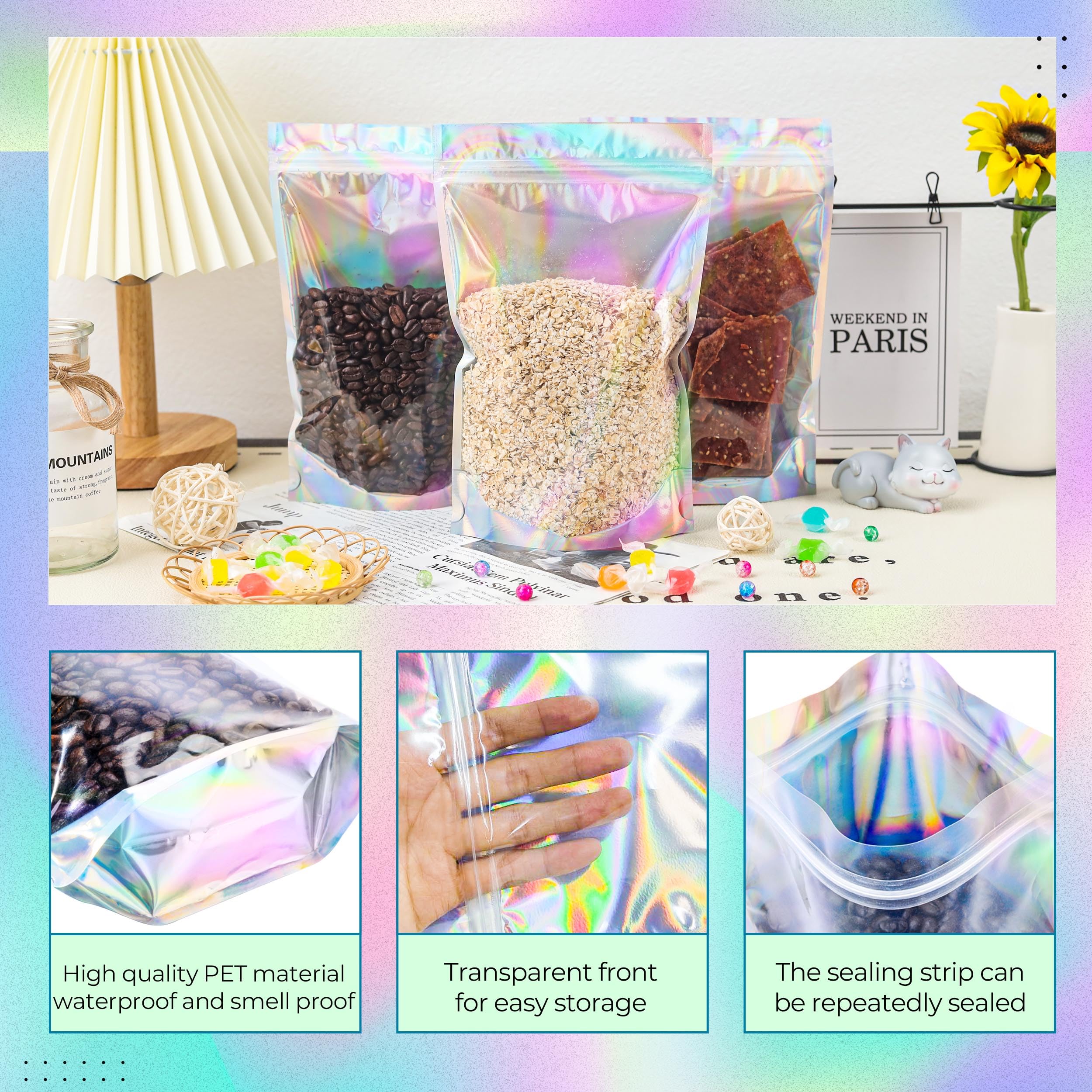 Stand Up Holographic Mylar Bags with Resealable Zipper - 6x9 Inch Small Business Packaging Supplies (100 Pack) | Perfect for Candy, Coffee, Tea & Snack Storage