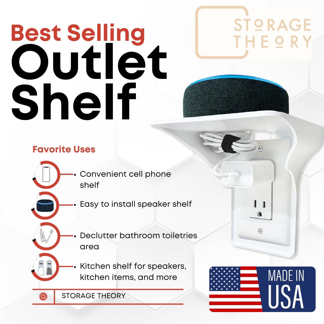Power Perch Wall Outlet Shelf for Vertical Outlets - Cord Organizer with Velcro Strap | Perfect for Alexa Devices, WiFi Router Stand, Electric Toothbrush Holder | White Wall Shelf (1 Pack) | Ideal for Small Space Organization in Kitchen, Bathroom or Office