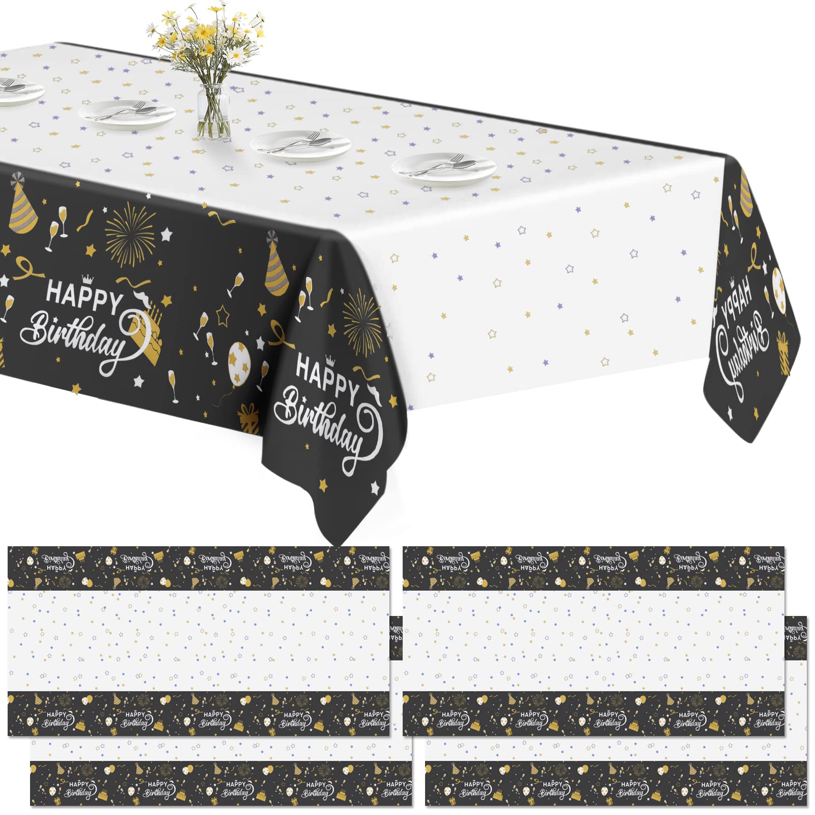 Skycase 4 Pack Happy Birthday Disposable Plastic Tablecloths - 54 x 108 Inch Black Rectangle Table Covers for Indoor/Outdoor Party Decorations (Birthday Celebrations, Picnics, BBQs, Family Gatherings)