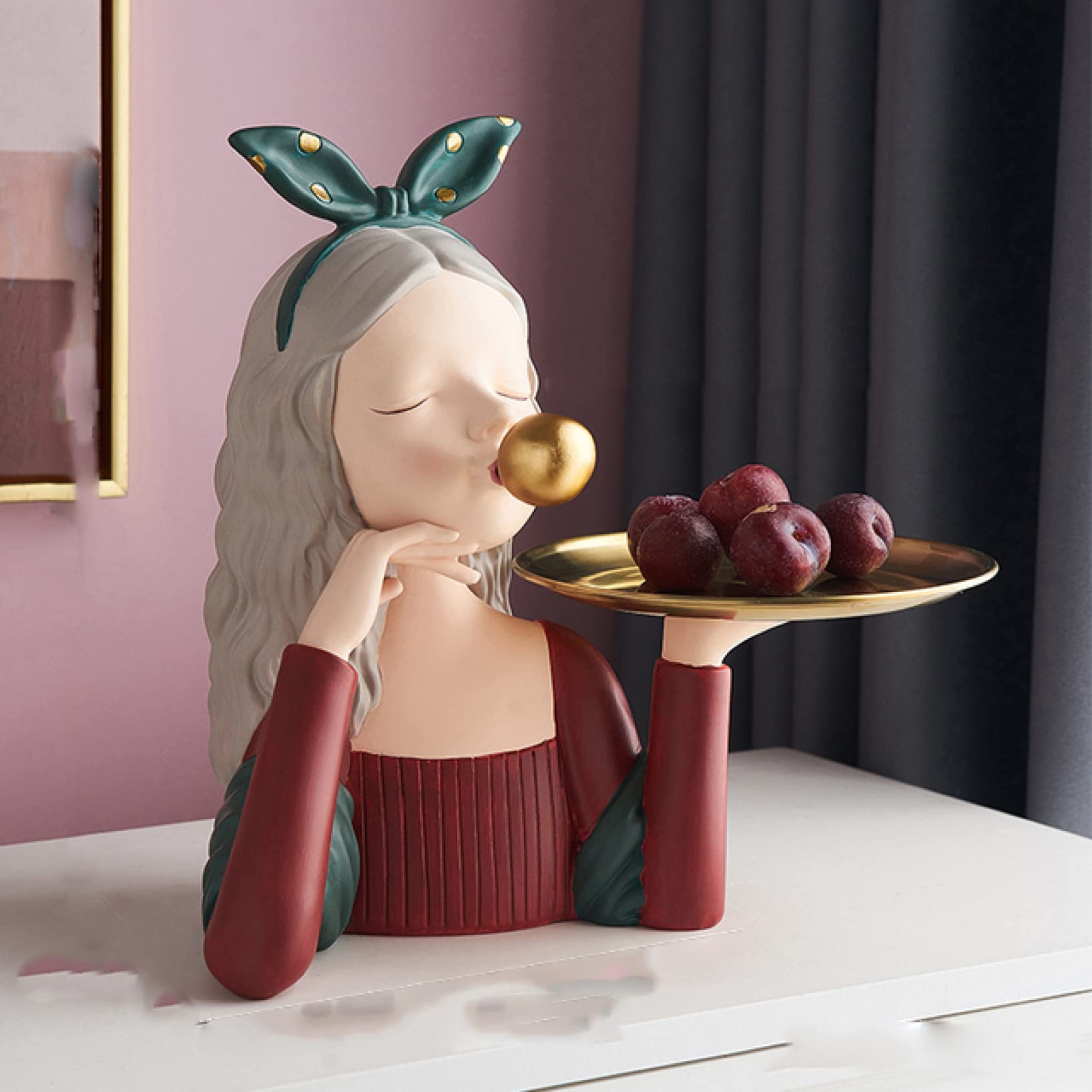 AERICKON Cute Girl Sculpture & Fruit Tray Storage Jar - Vintage Home Decor Statue for Living Room, Desktop, Kitchen | Perfect for Candy, Jewelry & Small Item Organization