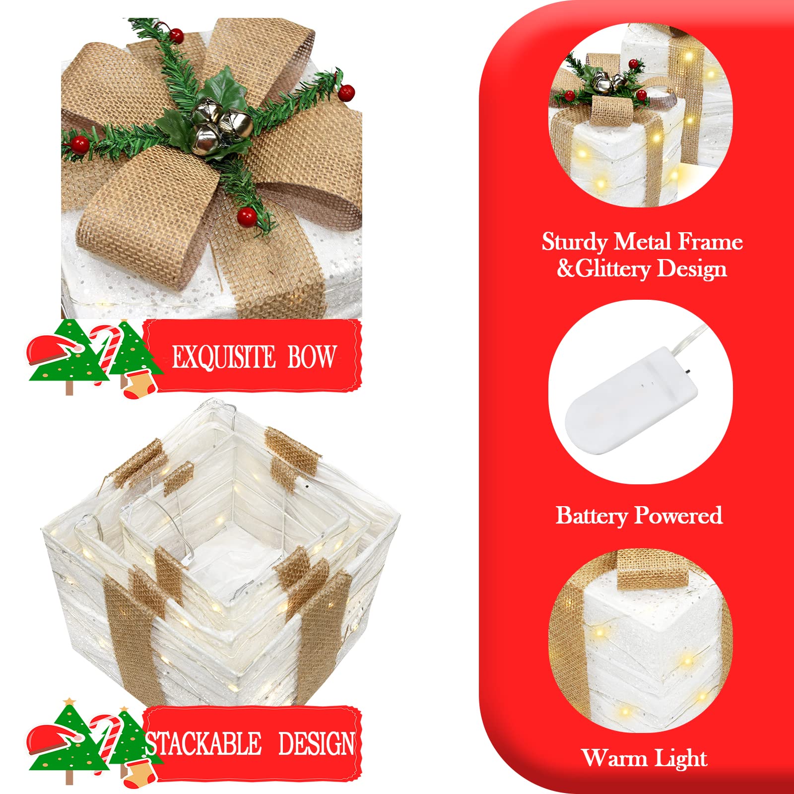 70 LED Lighted Christmas Gift Box Set of 3 - White Xmas Present Boxes Decorations for Tree, Indoor & Outdoor Holiday Decor | Perfect for Mantel, Tabletop, Party & Yard Display