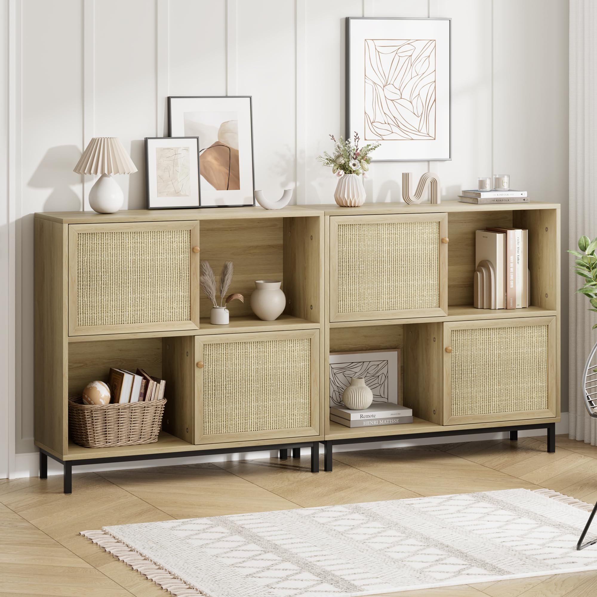 GAOMON Coffee Bar Cabinet - Rattan Sideboard Buffet with Sliding Doors, Wood Wine Liquor Storage Cabinet with 4 Display Cubes - Perfect for Living Room, Kitchen & Dining Room - Ideal for Home Entertaining & Stylish Storage Solutions