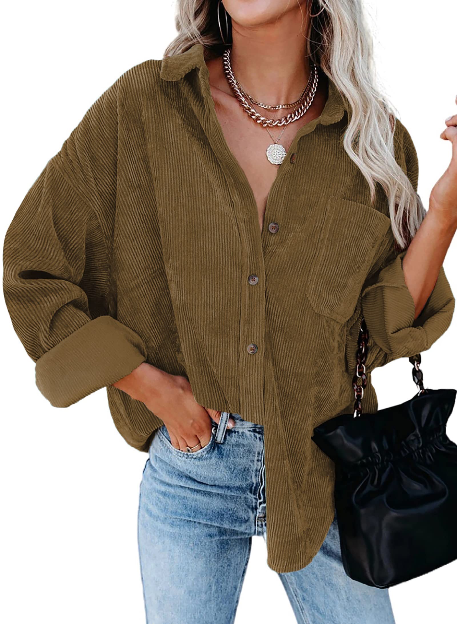 Sidefeel Women's Corduroy Long Sleeve Button Down Shirt - Oversized Casual Jacket Top for Fall & Winter | Perfect for Office, Date Night & Layering Outfits