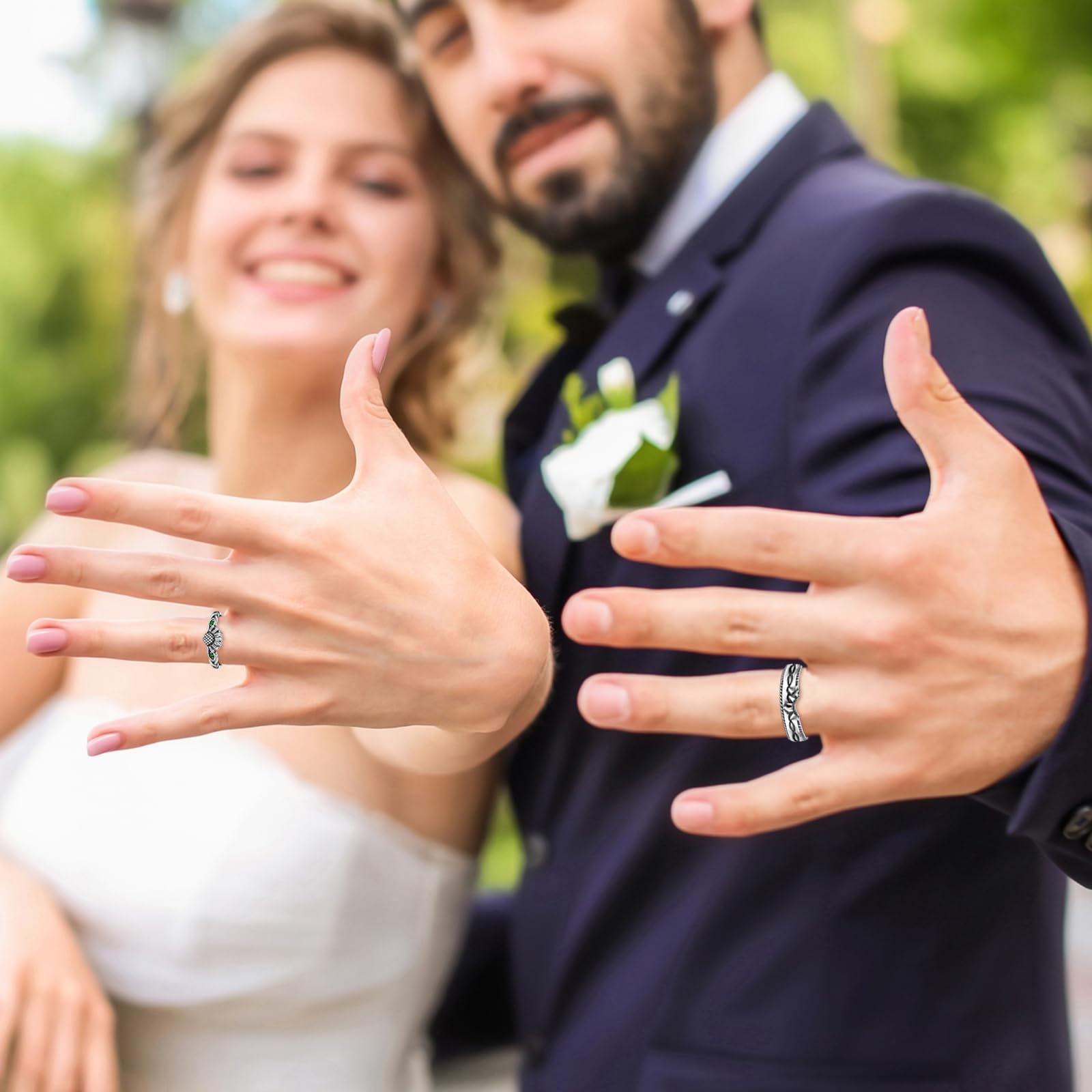 Promise Rings for Couples - Sterling Silver Adjustable Matching Wedding Bands for Him & Her - Emerald Sunflower Engagement Rings - Perfect for Anniversaries, Proposals & Romantic Gifts