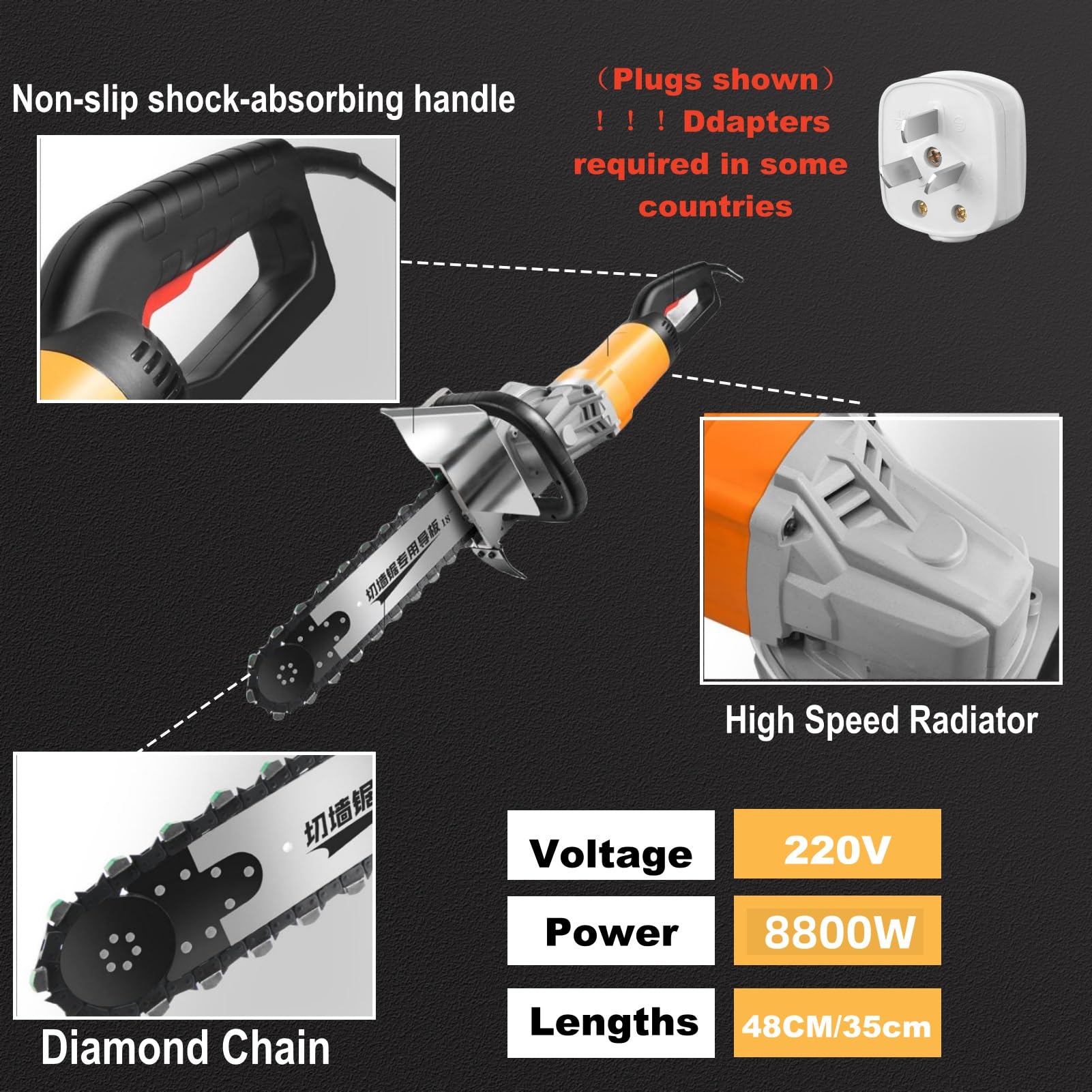 8800W Electric Concrete Saw with Brushless Motor - 6000 RPM Dust-Free Cutting for Brick, Marble & Walls - 18.89