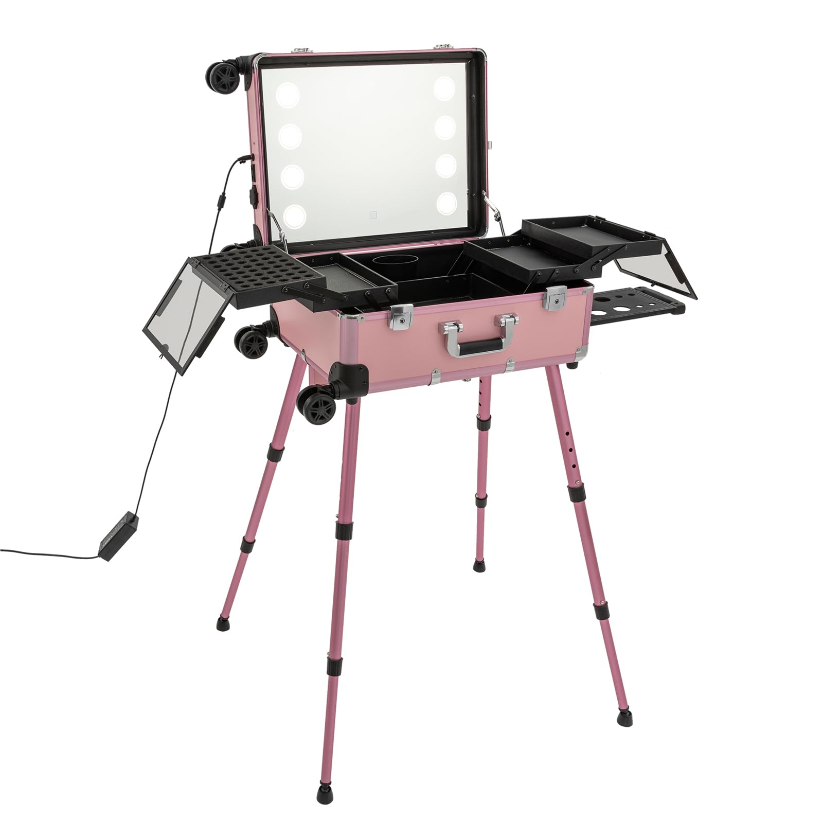 Pink Aluminum Rolling Makeup Train Case with LED Lights & Adjustable Legs - Lockable Portable Cosmetic Organizer for Travel, Professional Artists & Home Vanity - 4 Removable Wheels for Easy Mobility
