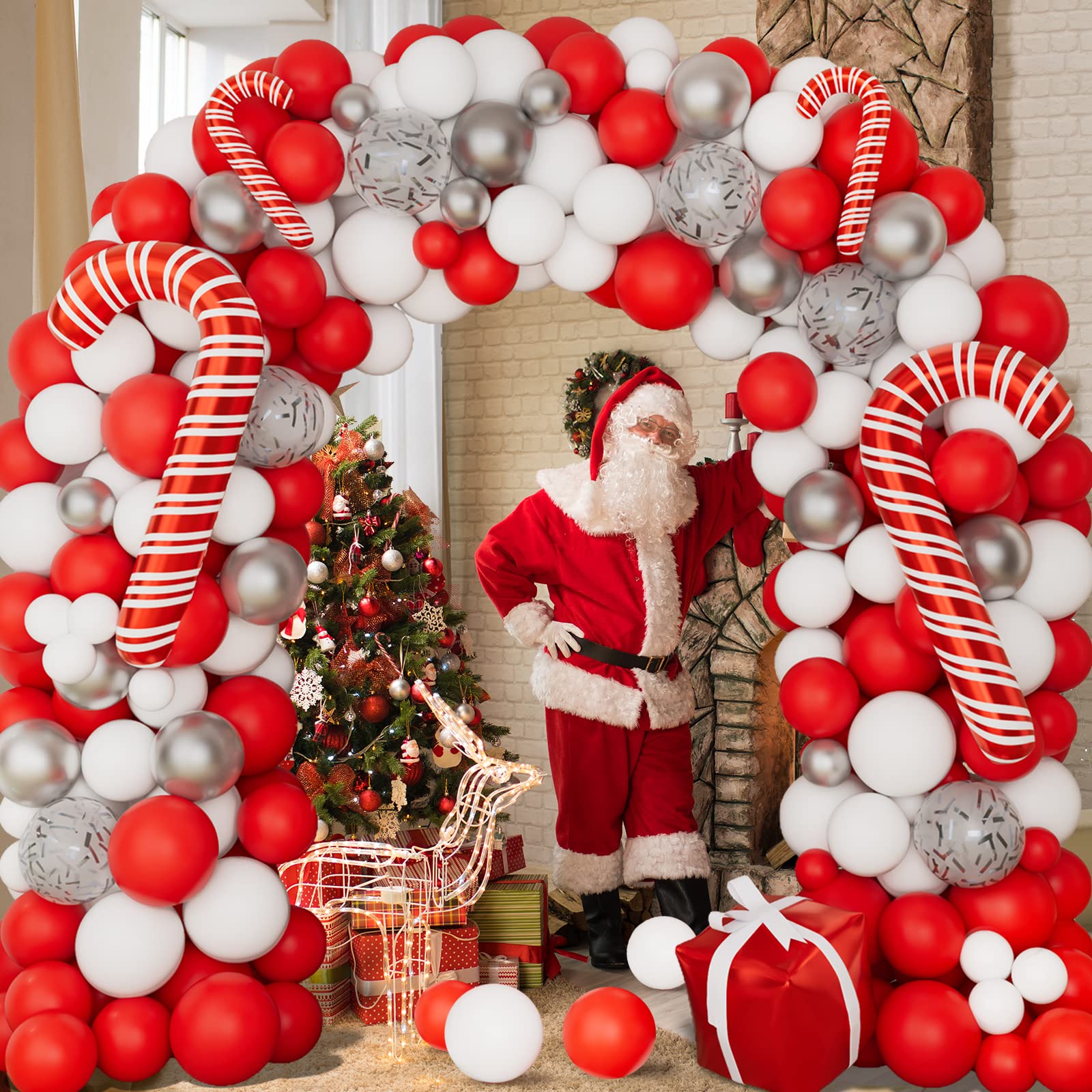 Bonropin Christmas Balloon Garland Arch Kit - Red White Silver Candy Cane Balloons & Gift Box for Xmas Party Decorations | Holiday Home Decor, Christmas Tree Decoration, Festive Party Backdrop