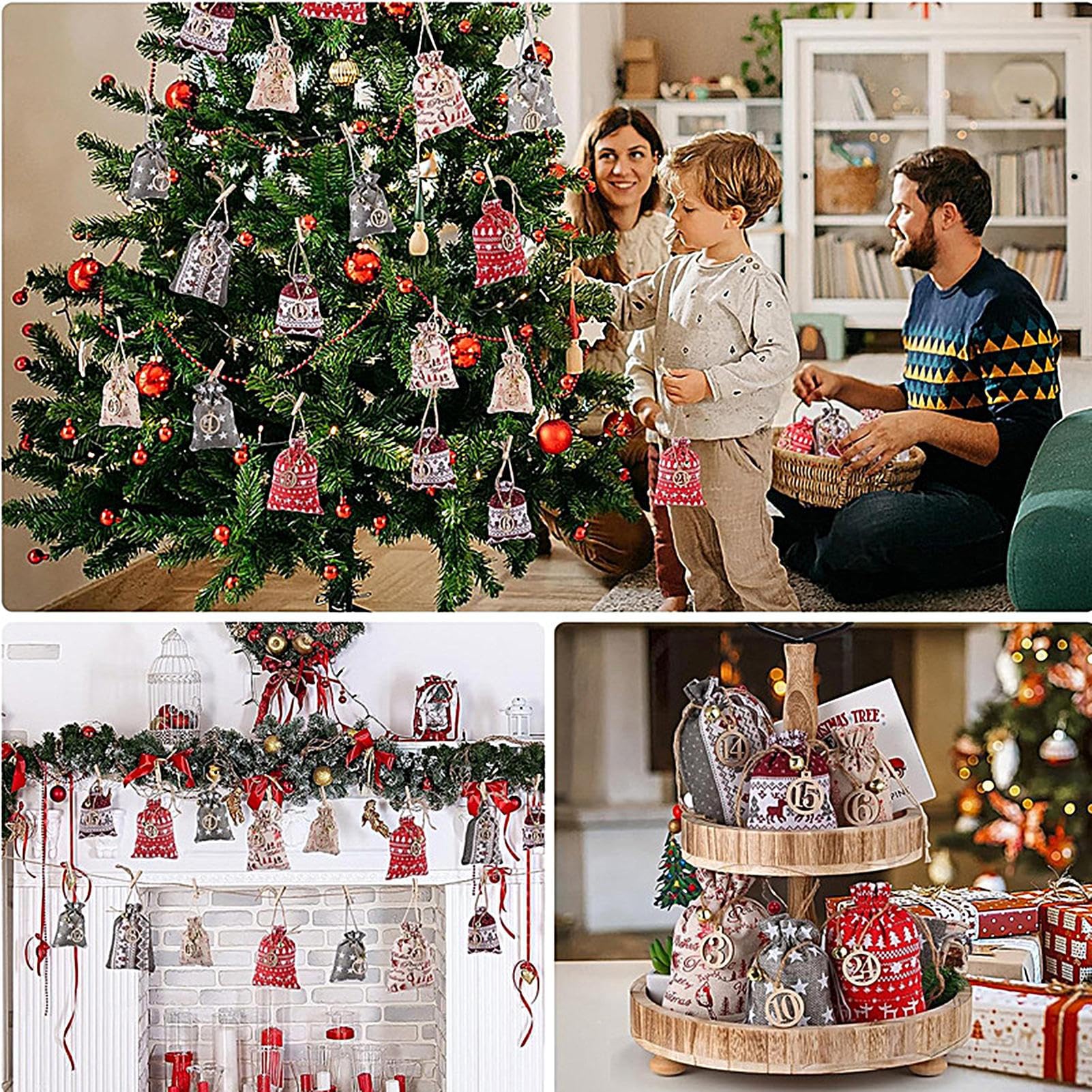24-Piece DIY Jute Fabric Advent Calendar Bags Set with Clip & Rope - Fillable Christmas Countdown Bags for Holiday Decorations, Gift Wrapping, and Festive Party Favors